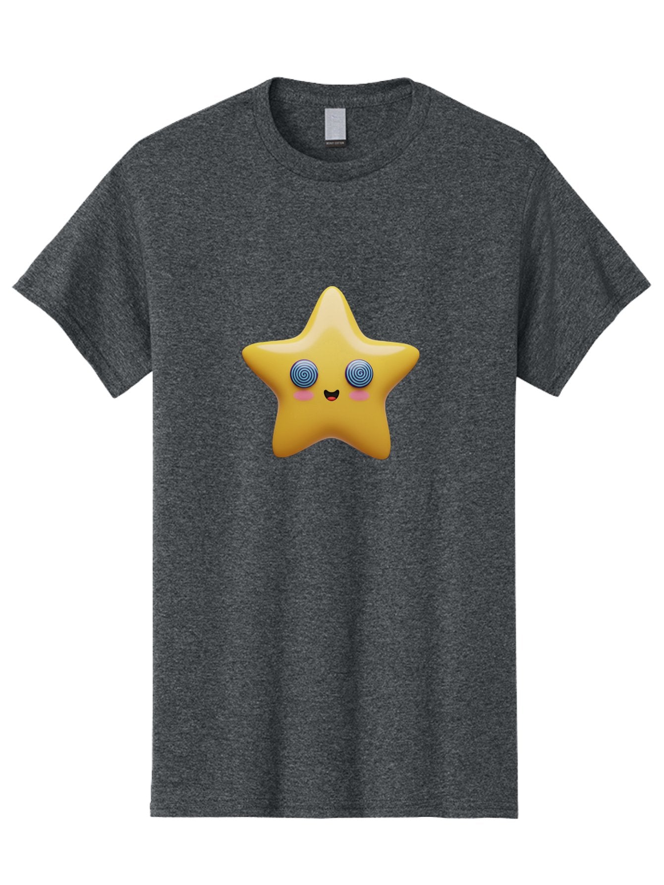 Star-Character Men'S Graphic Tee, 100% Cotton, Comfortable Casual Summer Wear, Machine Washable, Cartoon Star, Cute Face, Spiral Eyes, Smiling Mouth, Rosy Cheeks, Yellow Star, Kawaii Character, Fun Design, Playful Graphics, Bad702