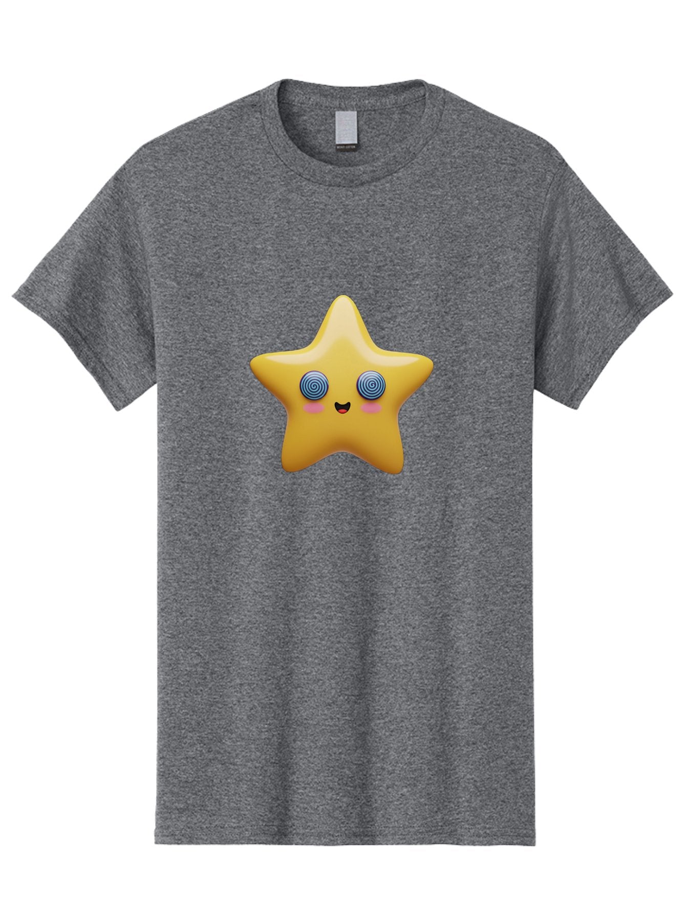 Star-Character Men'S Graphic Tee, 100% Cotton, Comfortable Casual Summer Wear, Machine Washable, Cartoon Star, Cute Face, Spiral Eyes, Smiling Mouth, Rosy Cheeks, Yellow Star, Kawaii Character, Fun Design, Playful Graphics, Bad702 12