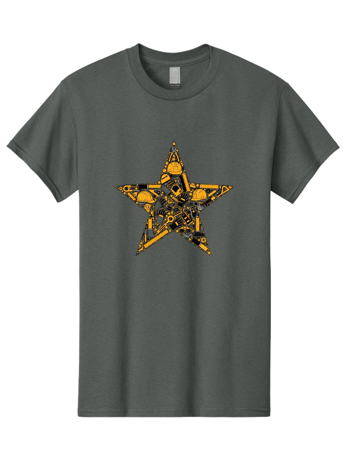 Star-Construction Men'S Graphic Tee, 100% Cotton, Comfortable Casual Summer Wear, Machine Washable, Construction Machinery, Yellow Hard Hats, Star Shape, Mechanical Parts, Industrial Equipment, Construction Industry, Engineering Tools Bad703 5