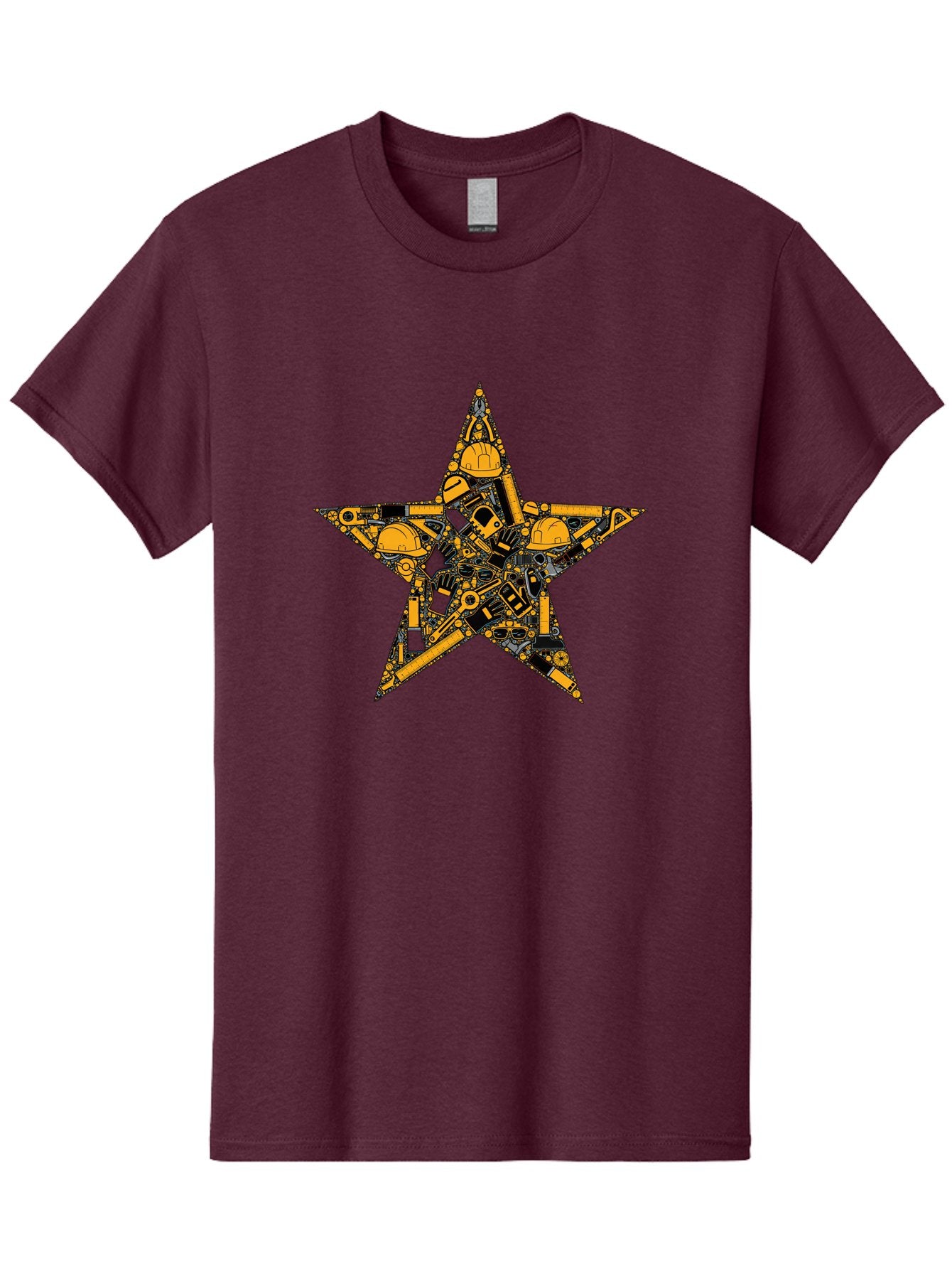 Star-Construction Men'S Graphic Tee, 100% Cotton, Comfortable Casual Summer Wear, Machine Washable, Construction Machinery, Yellow Hard Hats, Star Shape, Mechanical Parts, Industrial Equipment, Construction Industry, Engineering Tools Bad703 15