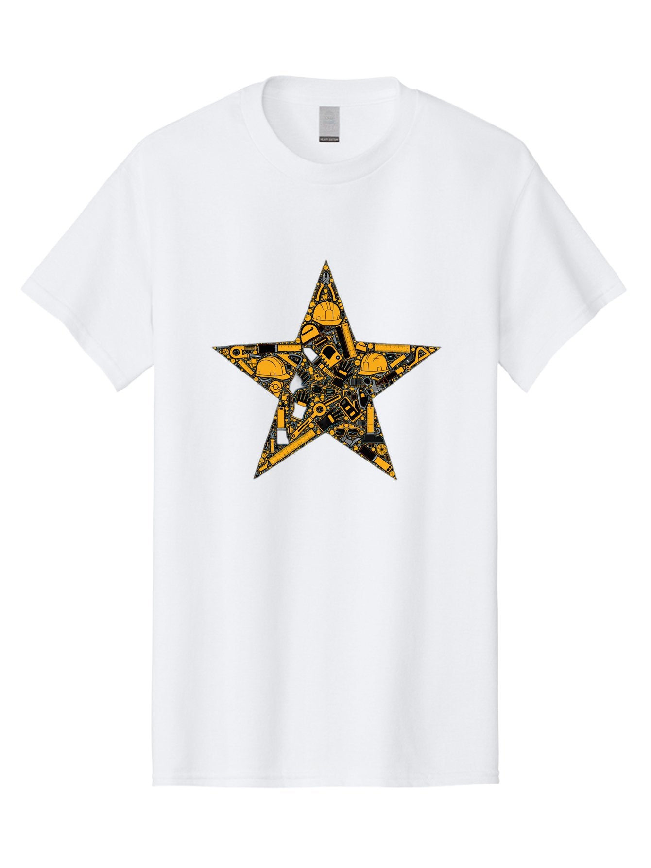 Star-Construction Men'S Graphic Tee, 100% Cotton, Comfortable Casual Summer Wear, Machine Washable, Construction Machinery, Yellow Hard Hats, Star Shape, Mechanical Parts, Industrial Equipment, Construction Industry, Engineering Tools Bad703