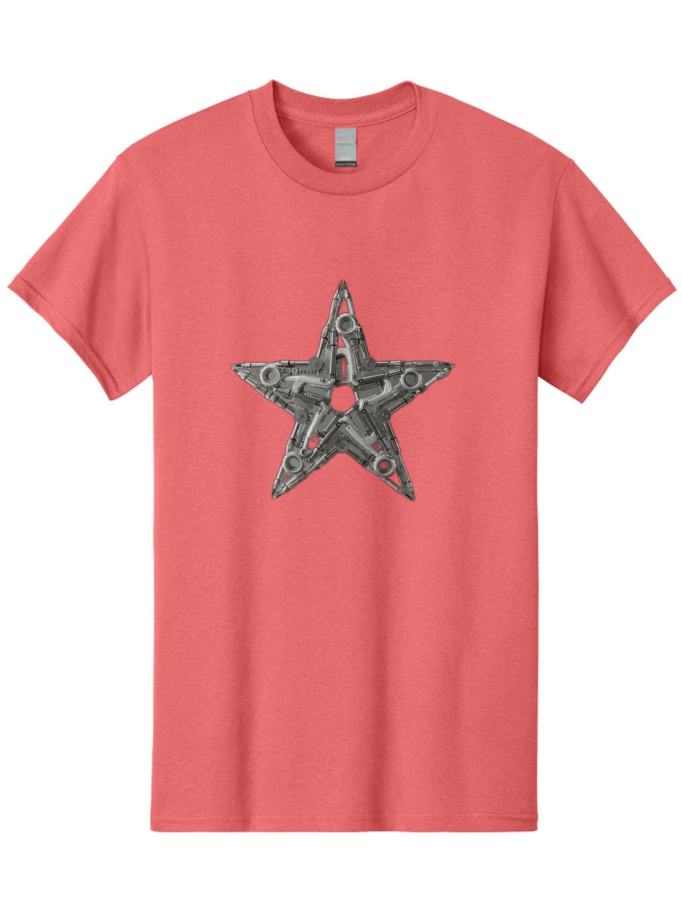 Star-Logo Men'S Graphic Tee, 100% Cotton, Comfortable Casual Summer Wear, Machine Washable, Metal Star Shape, Industrial Design, Mechanical Parts, Futuristic Elements, Metallic Details, Robotic Components, Sci-Fi Aesthetic, Star Symbol, Bad705 5