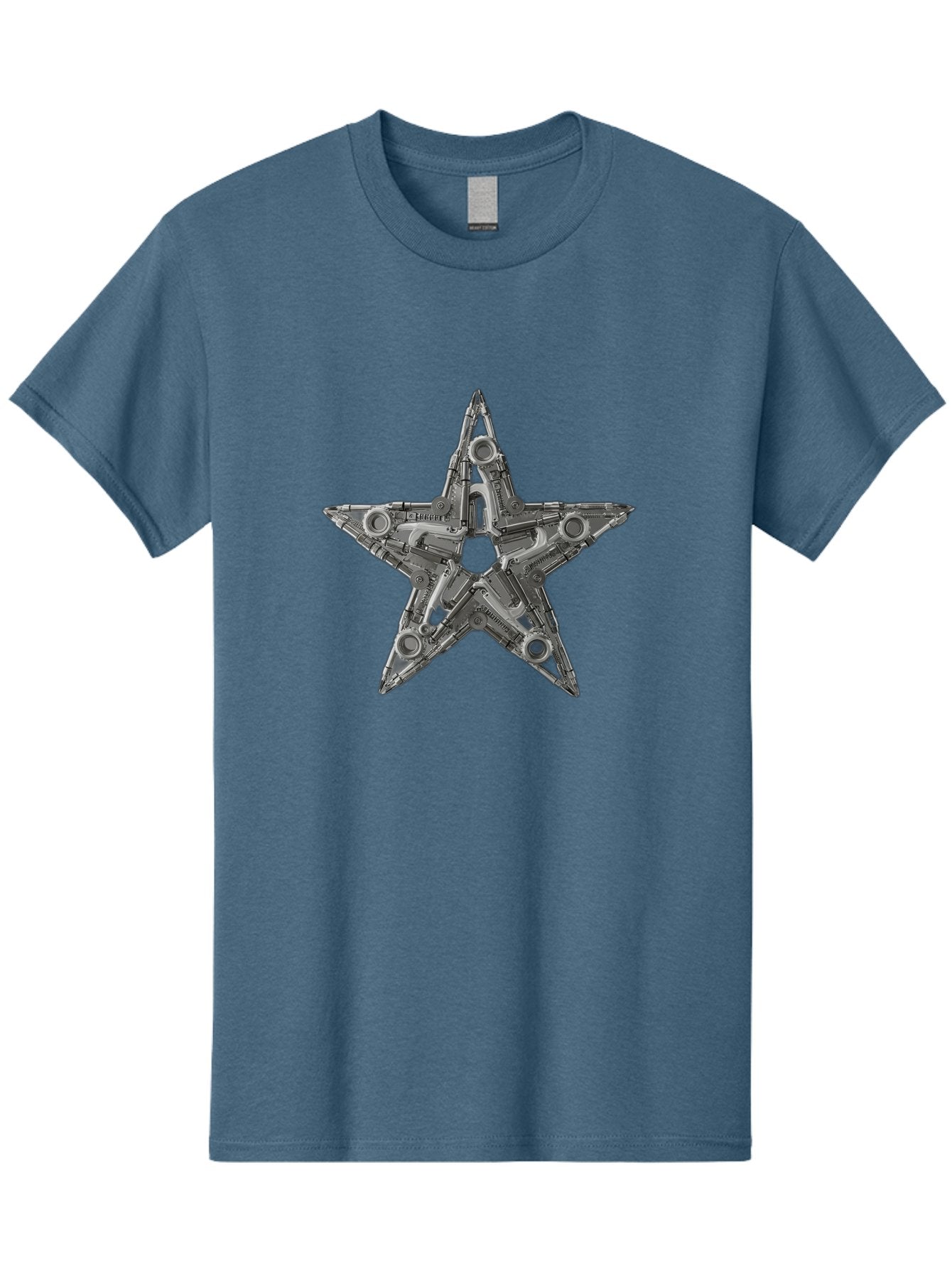 Star-Logo Men'S Graphic Tee, 100% Cotton, Comfortable Casual Summer Wear, Machine Washable, Metal Star Shape, Industrial Design, Mechanical Parts, Futuristic Elements, Metallic Details, Robotic Components, Sci-Fi Aesthetic, Star Symbol, Bad705 15