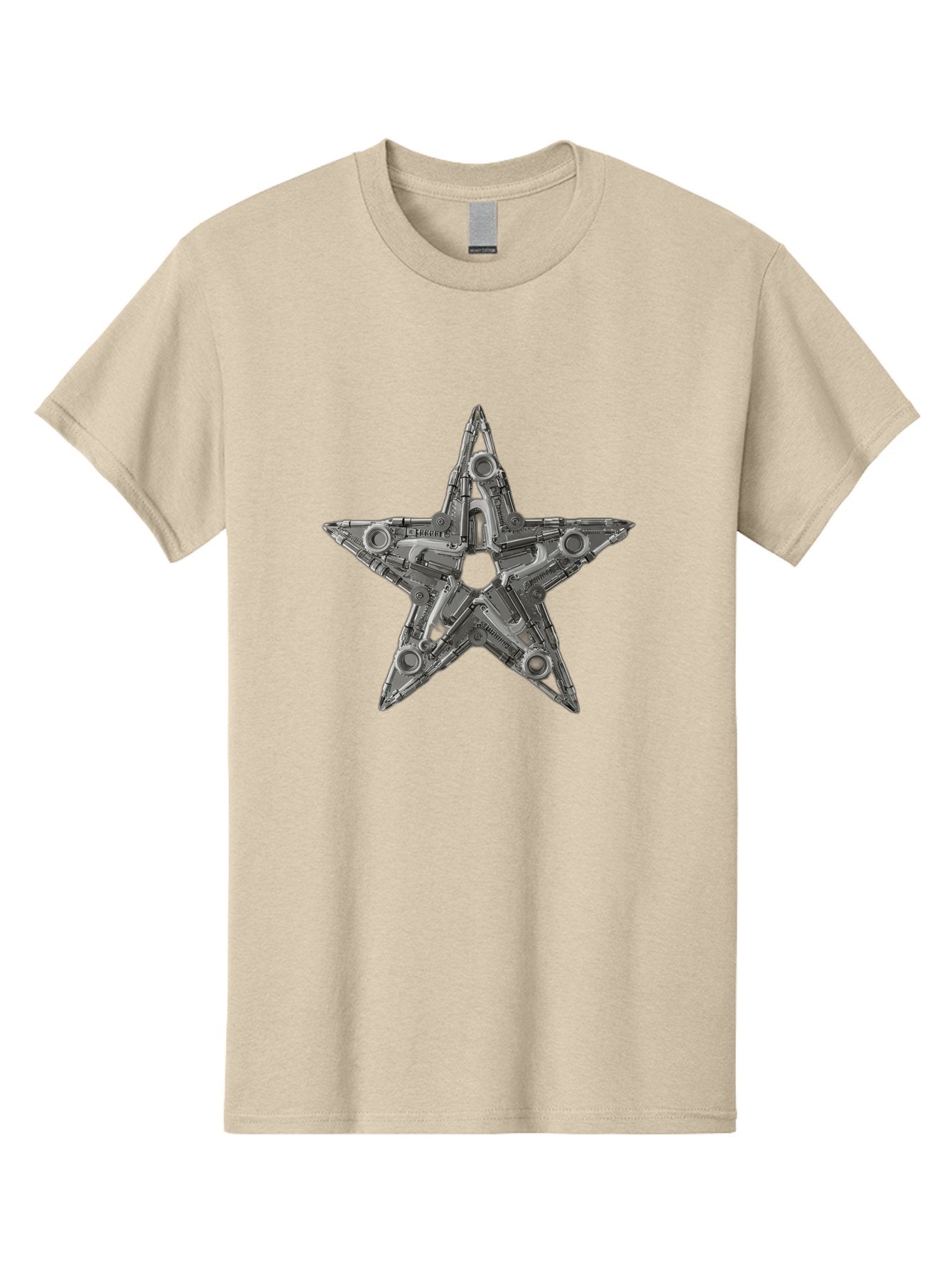 Star-Logo Men'S Graphic Tee, 100% Cotton, Comfortable Casual Summer Wear, Machine Washable, Metal Star Shape, Industrial Design, Mechanical Parts, Futuristic Elements, Metallic Details, Robotic Components, Sci-Fi Aesthetic, Star Symbol, Bad705