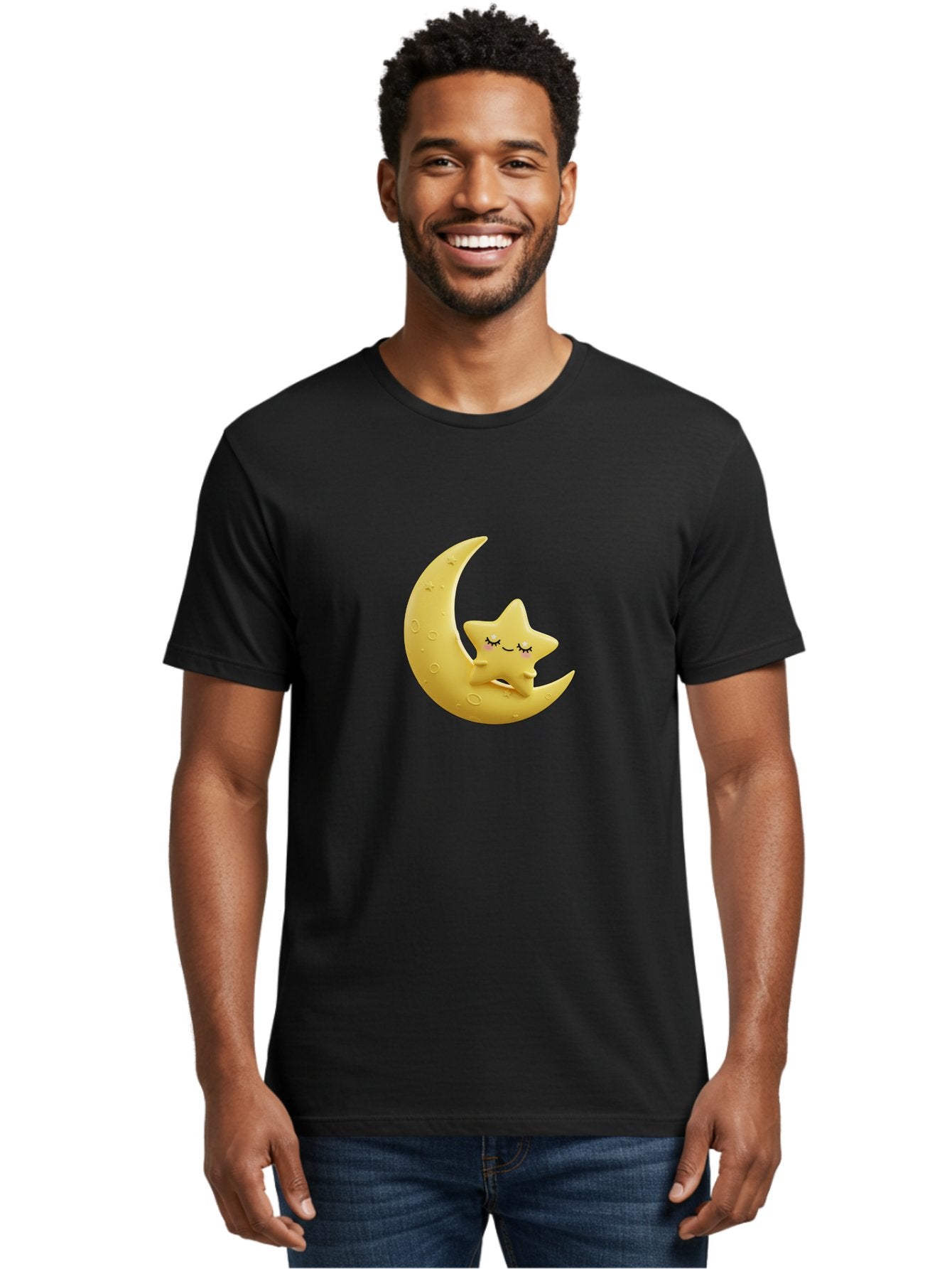 Star-Sleeping-On-Crescent-Moon Men'S Graphic Tee, 100% Cotton, Comfortable Casual Summer Wear, Machine Washable, Cute Star, Sleeping Star, Crescent Moon, Cartoon Character, Kawaii, Adorable, Whimsical Design, Dreamy, Nursery Decor, Yellow Hue, Bad706 20