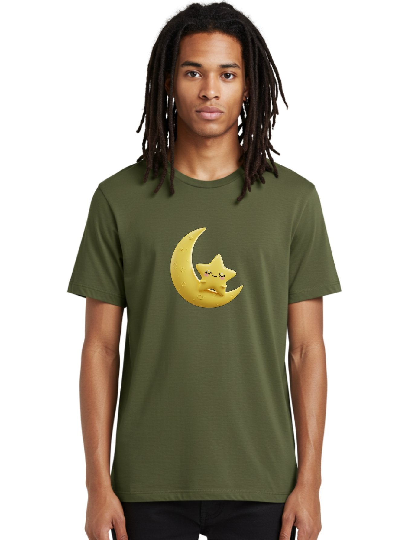 Star-Sleeping-On-Crescent-Moon Men'S Graphic Tee, 100% Cotton, Comfortable Casual Summer Wear, Machine Washable, Cute Star, Sleeping Star, Crescent Moon, Cartoon Character, Kawaii, Adorable, Whimsical Design, Dreamy, Nursery Decor, Yellow Hue, Bad706 22