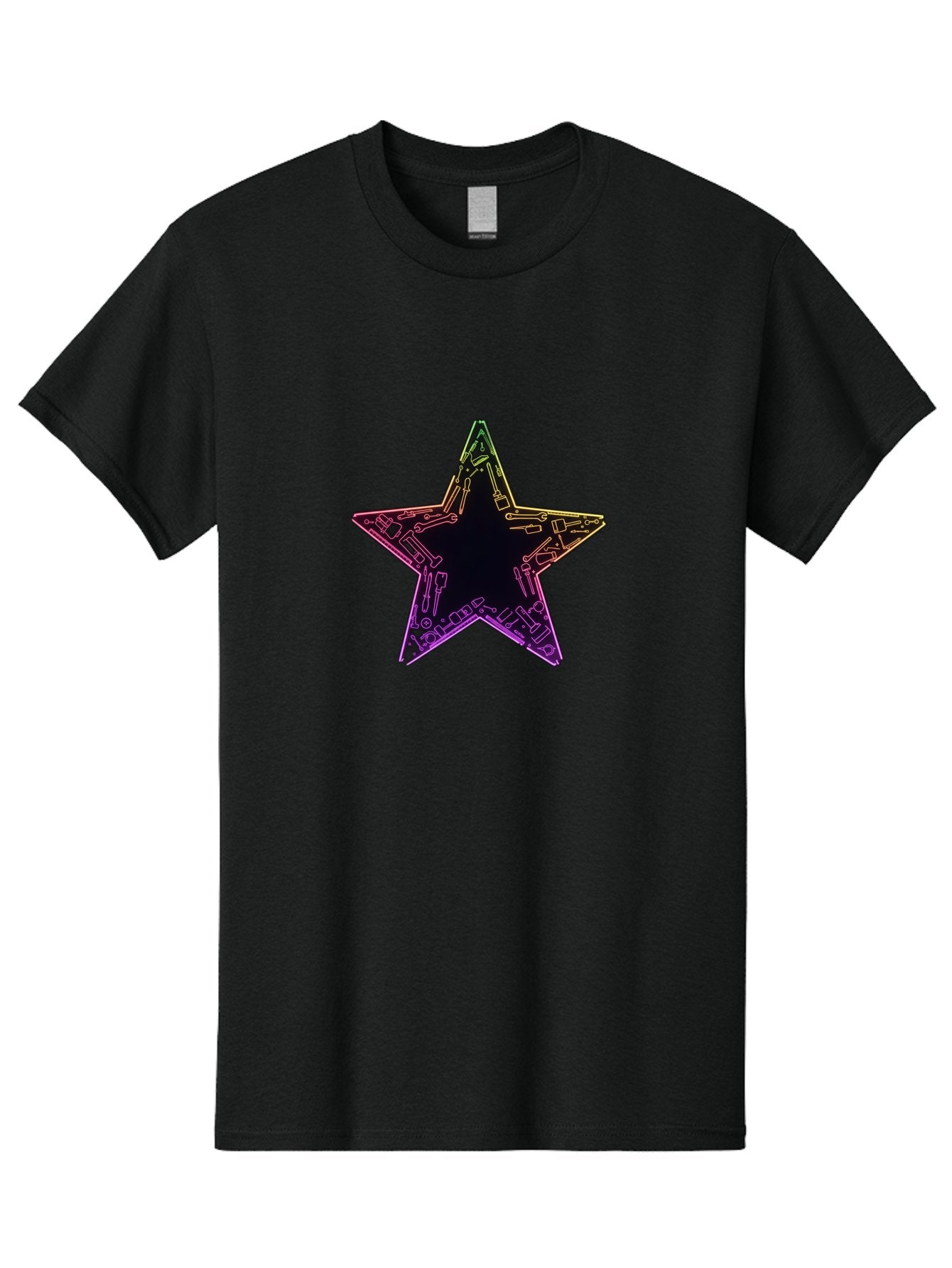 Star Men'S Graphic Tee, 100% Cotton, Comfortable Casual Summer Wear, Machine Washable, Five-Pointed Star, Iridescent Sheen, Holographic Effect, Black Center, Purple And Gold Outline, Steampunk-Inspired Design, Clockwork Mechanisms, Futuristic, Bad708 10