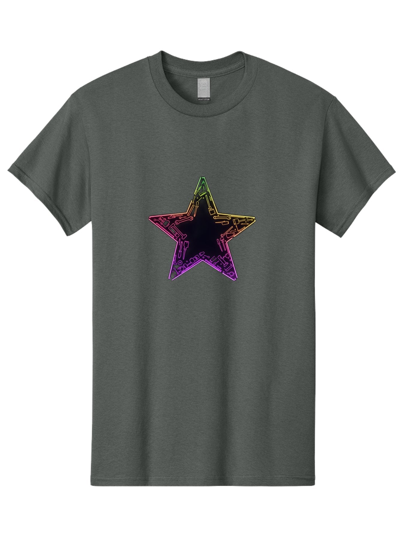 Star Men'S Graphic Tee, 100% Cotton, Comfortable Casual Summer Wear, Machine Washable, Five-Pointed Star, Iridescent Sheen, Holographic Effect, Black Center, Purple And Gold Outline, Steampunk-Inspired Design, Clockwork Mechanisms, Futuristic, Bad708 3