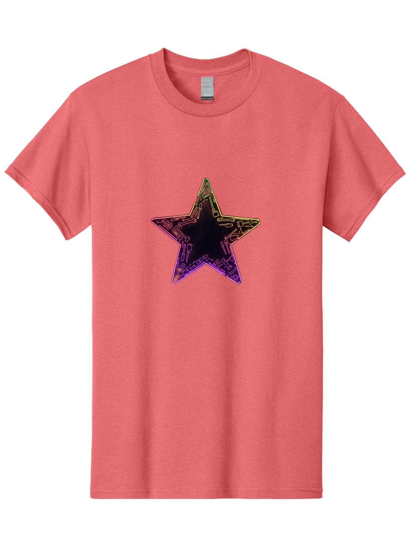 Star Men'S Graphic Tee, 100% Cotton, Comfortable Casual Summer Wear, Machine Washable, Five-Pointed Star, Iridescent Sheen, Holographic Effect, Black Center, Purple And Gold Outline, Steampunk-Inspired Design, Clockwork Mechanisms, Futuristic, Bad708 14