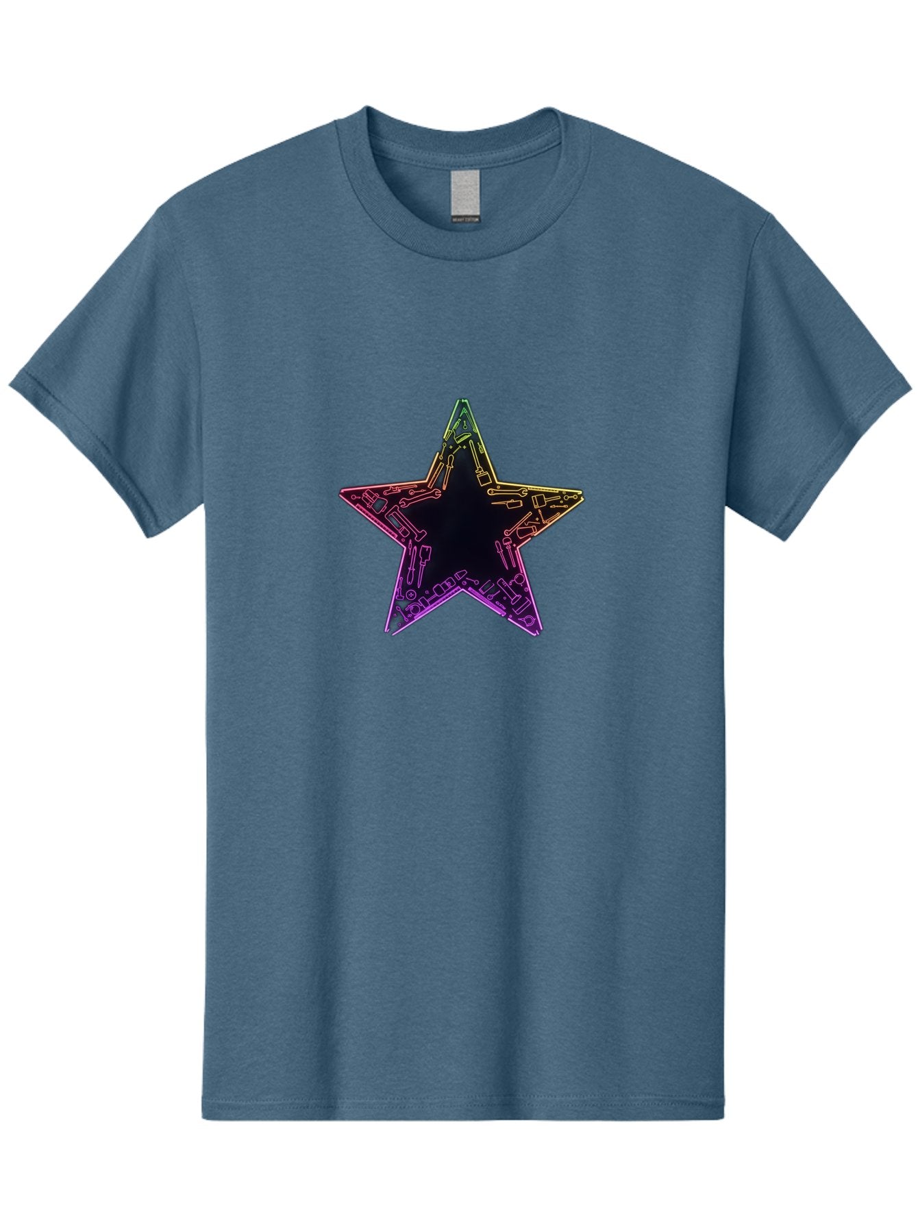 Star Men'S Graphic Tee, 100% Cotton, Comfortable Casual Summer Wear, Machine Washable, Five-Pointed Star, Iridescent Sheen, Holographic Effect, Black Center, Purple And Gold Outline, Steampunk-Inspired Design, Clockwork Mechanisms, Futuristic, Bad708 7