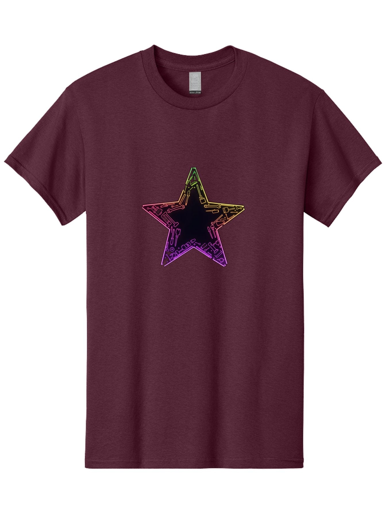 Star Men'S Graphic Tee, 100% Cotton, Comfortable Casual Summer Wear, Machine Washable, Five-Pointed Star, Iridescent Sheen, Holographic Effect, Black Center, Purple And Gold Outline, Steampunk-Inspired Design, Clockwork Mechanisms, Futuristic, Bad708