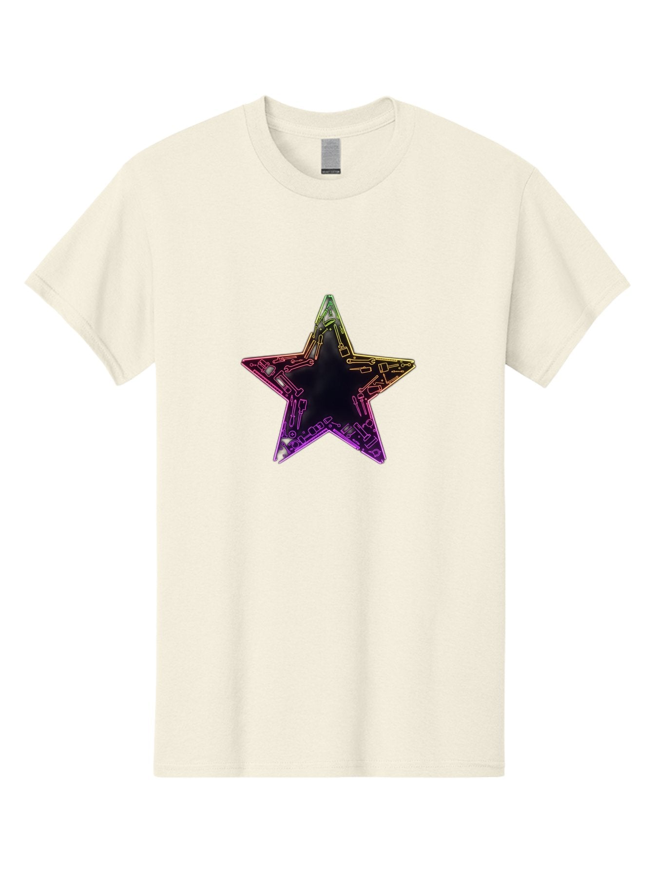 Star Men'S Graphic Tee, 100% Cotton, Comfortable Casual Summer Wear, Machine Washable, Five-Pointed Star, Iridescent Sheen, Holographic Effect, Black Center, Purple And Gold Outline, Steampunk-Inspired Design, Clockwork Mechanisms, Futuristic, Bad708 12