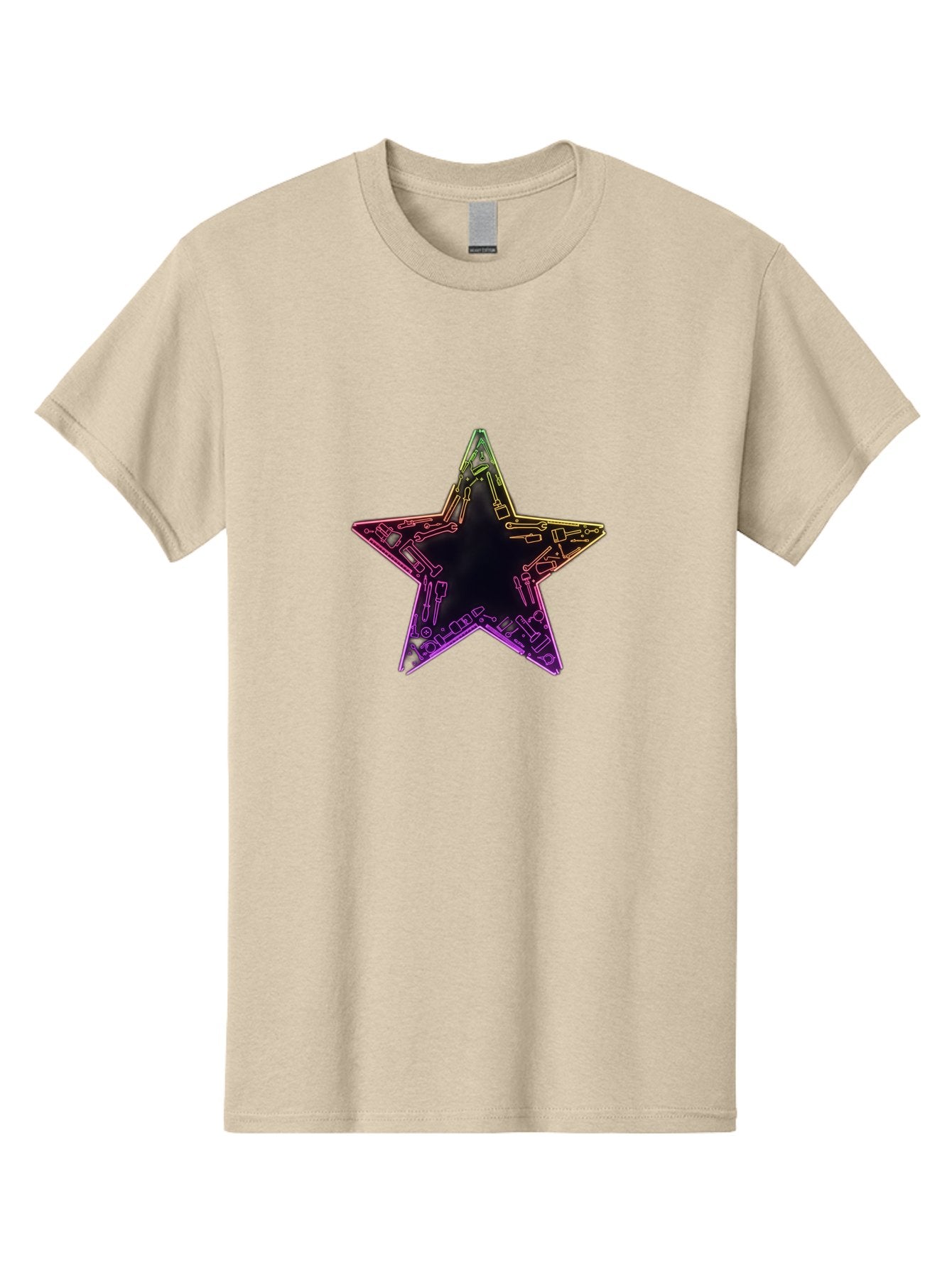 Star Men'S Graphic Tee, 100% Cotton, Comfortable Casual Summer Wear, Machine Washable, Five-Pointed Star, Iridescent Sheen, Holographic Effect, Black Center, Purple And Gold Outline, Steampunk-Inspired Design, Clockwork Mechanisms, Futuristic, Bad708 5