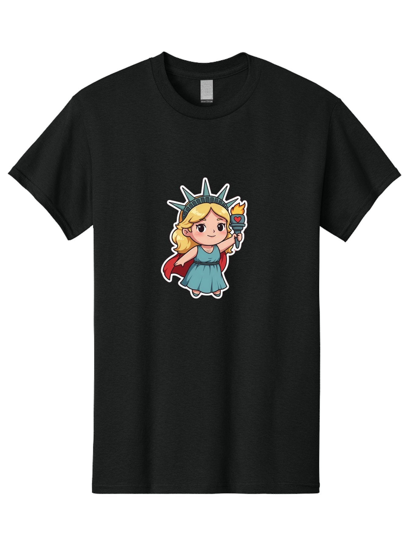 Statue-Of-Liberty-Girl Men'S Graphic Tee, 100% Cotton, Comfortable Casual Summer Wear, Machine Washable, Cute Cartoon Character, Girl Wearing Statue Of Liberty Crown, Holding Torch With Heart, Blue Dress, Red Cape, Blonde Hair, Kawaii Style, Bad711 9