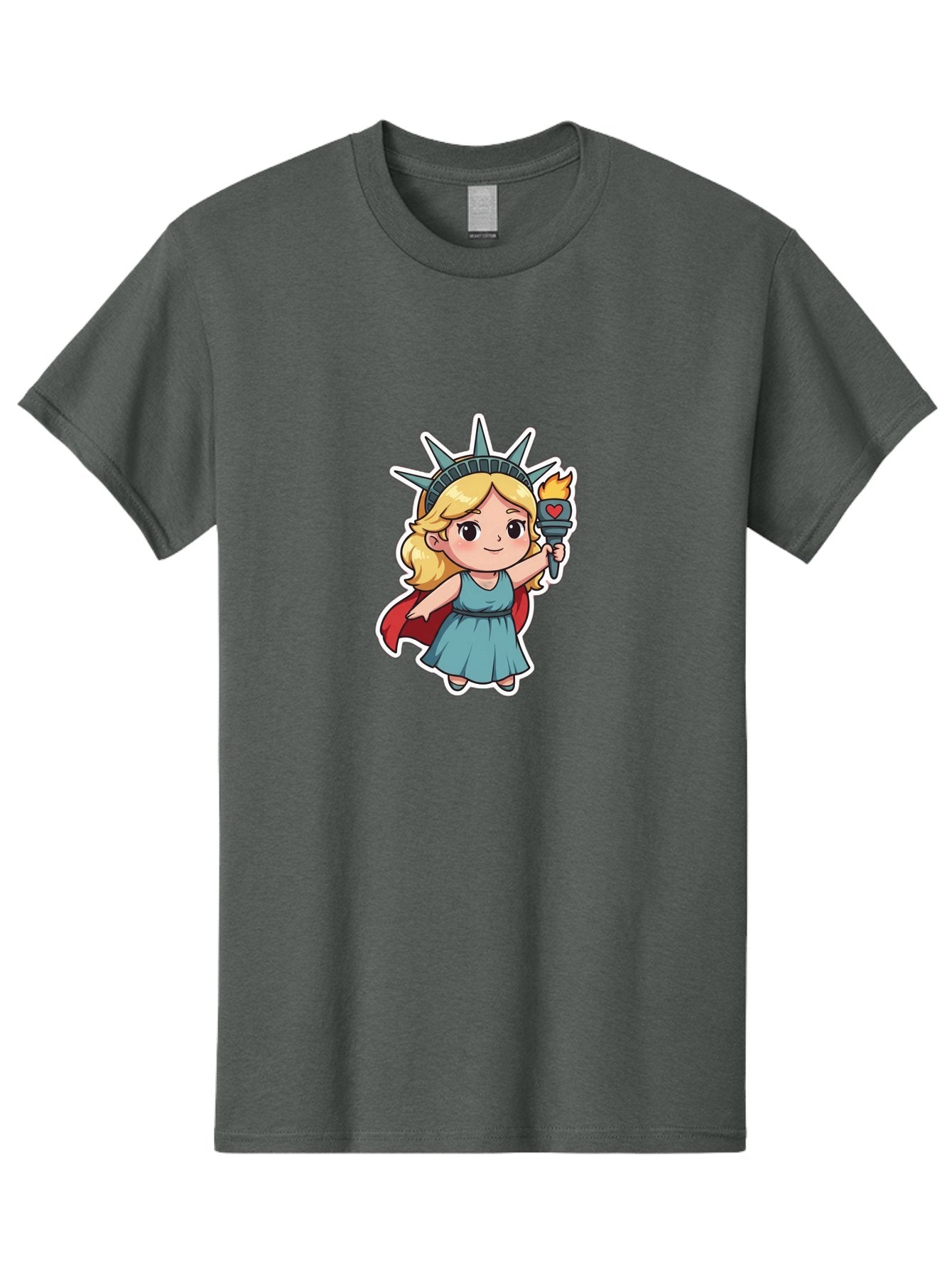 Statue-Of-Liberty-Girl Men'S Graphic Tee, 100% Cotton, Comfortable Casual Summer Wear, Machine Washable, Cute Cartoon Character, Girl Wearing Statue Of Liberty Crown, Holding Torch With Heart, Blue Dress, Red Cape, Blonde Hair, Kawaii Style, Bad711