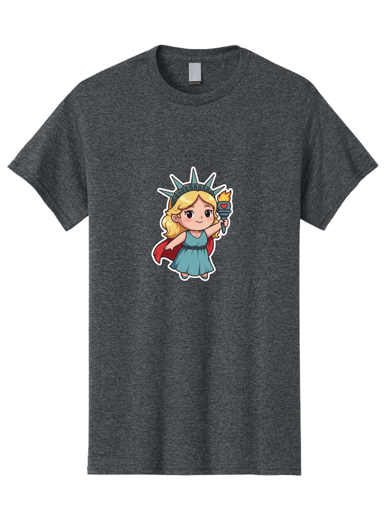 Statue-Of-Liberty-Girl Men'S Graphic Tee, 100% Cotton, Comfortable Casual Summer Wear, Machine Washable, Cute Cartoon Character, Girl Wearing Statue Of Liberty Crown, Holding Torch With Heart, Blue Dress, Red Cape, Blonde Hair, Kawaii Style, Bad711 15