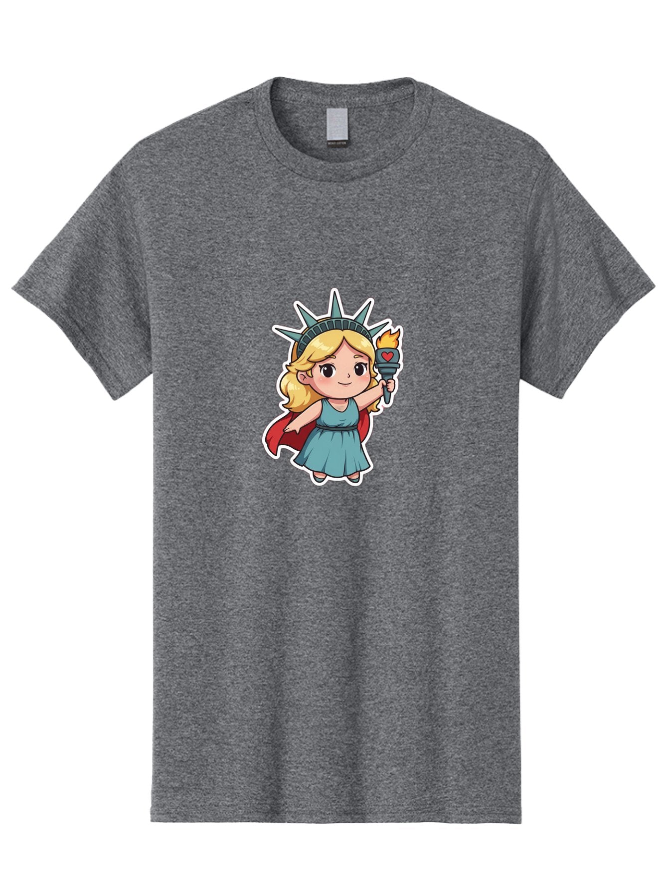 Statue-Of-Liberty-Girl Men'S Graphic Tee, 100% Cotton, Comfortable Casual Summer Wear, Machine Washable, Cute Cartoon Character, Girl Wearing Statue Of Liberty Crown, Holding Torch With Heart, Blue Dress, Red Cape, Blonde Hair, Kawaii Style, Bad711