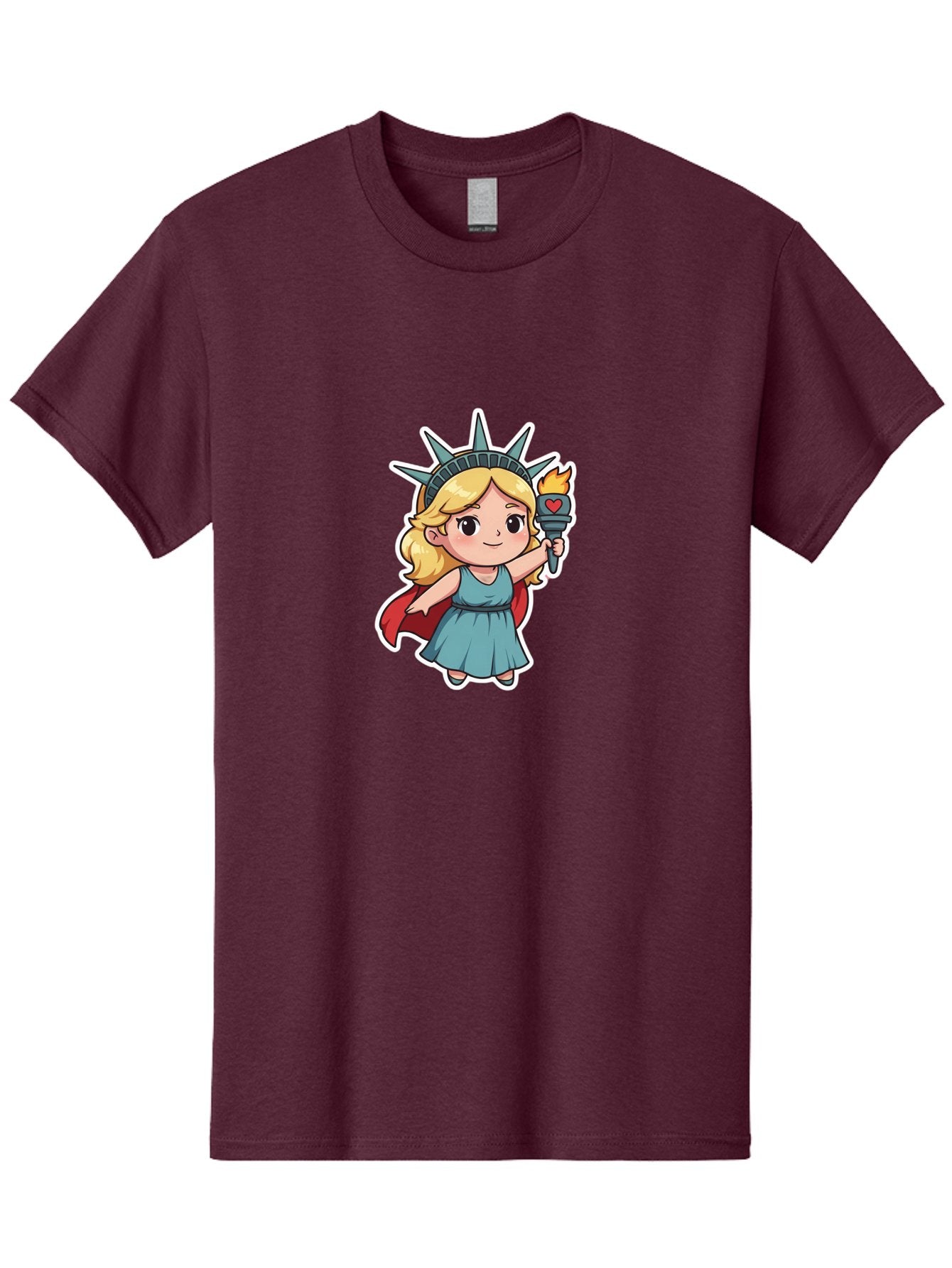 Statue-Of-Liberty-Girl Men'S Graphic Tee, 100% Cotton, Comfortable Casual Summer Wear, Machine Washable, Cute Cartoon Character, Girl Wearing Statue Of Liberty Crown, Holding Torch With Heart, Blue Dress, Red Cape, Blonde Hair, Kawaii Style, Bad711 3