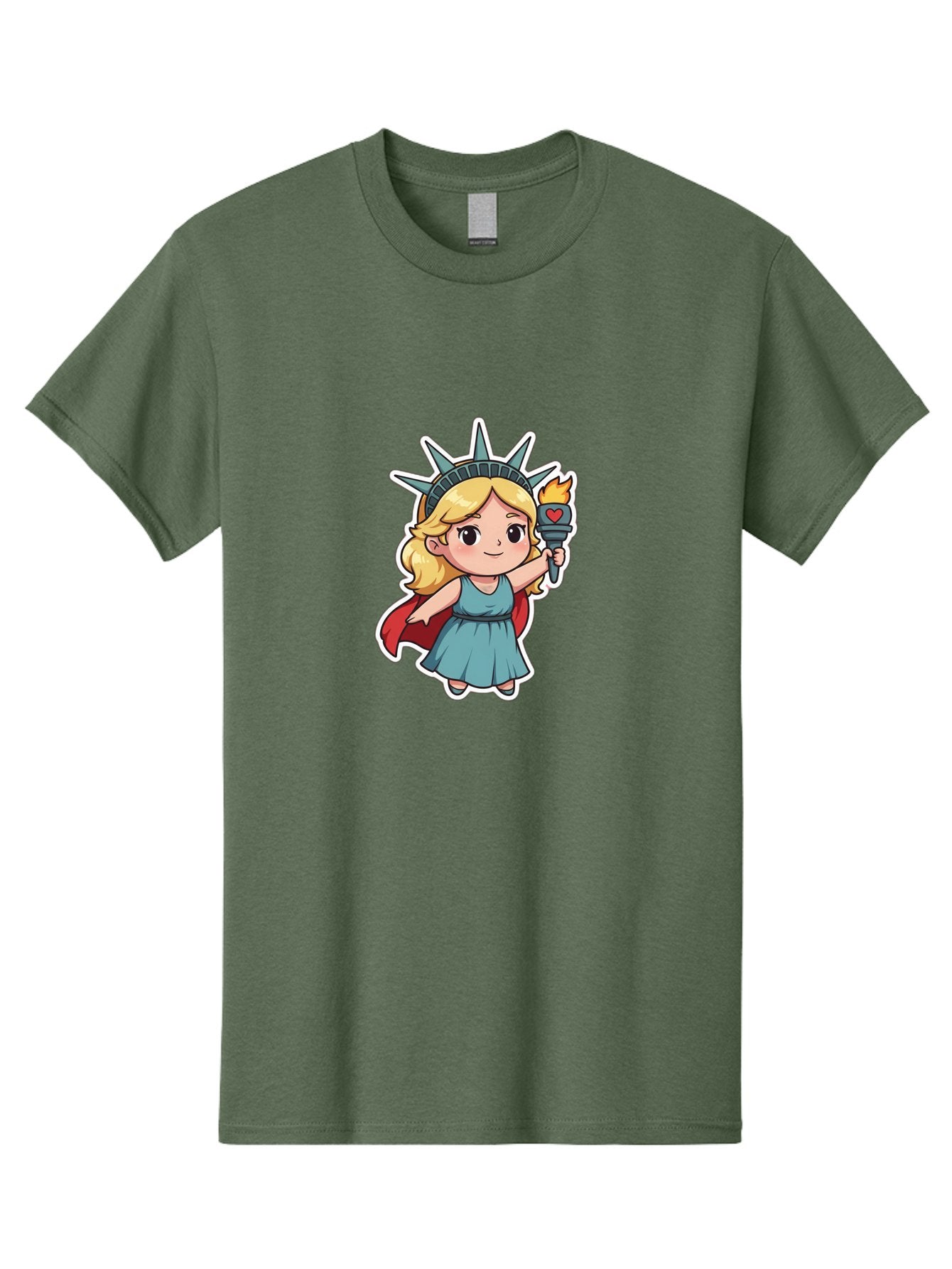 Statue-Of-Liberty-Girl Men'S Graphic Tee, 100% Cotton, Comfortable Casual Summer Wear, Machine Washable, Cute Cartoon Character, Girl Wearing Statue Of Liberty Crown, Holding Torch With Heart, Blue Dress, Red Cape, Blonde Hair, Kawaii Style, Bad711 8