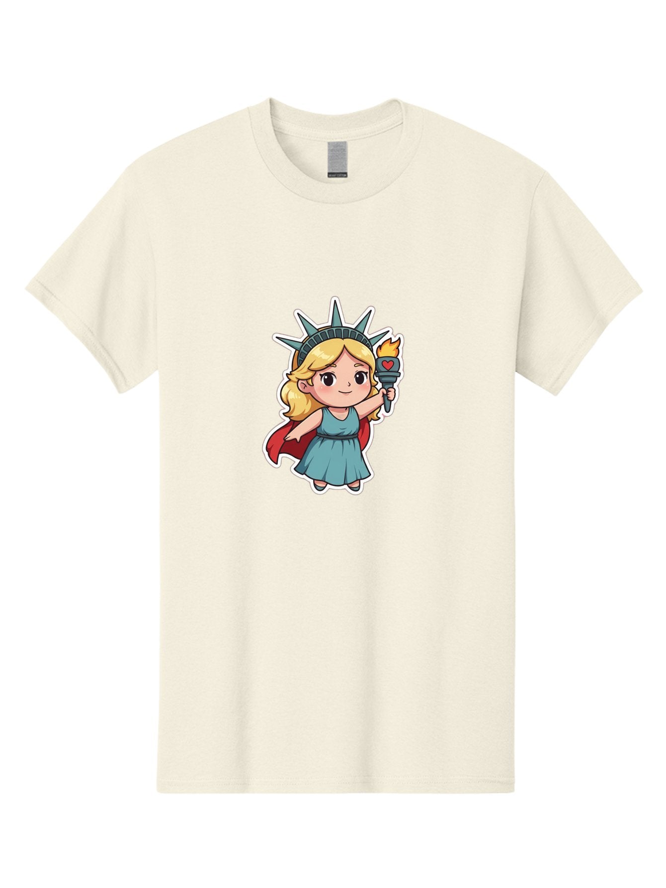 Statue-Of-Liberty-Girl Men'S Graphic Tee, 100% Cotton, Comfortable Casual Summer Wear, Machine Washable, Cute Cartoon Character, Girl Wearing Statue Of Liberty Crown, Holding Torch With Heart, Blue Dress, Red Cape, Blonde Hair, Kawaii Style, Bad711 12
