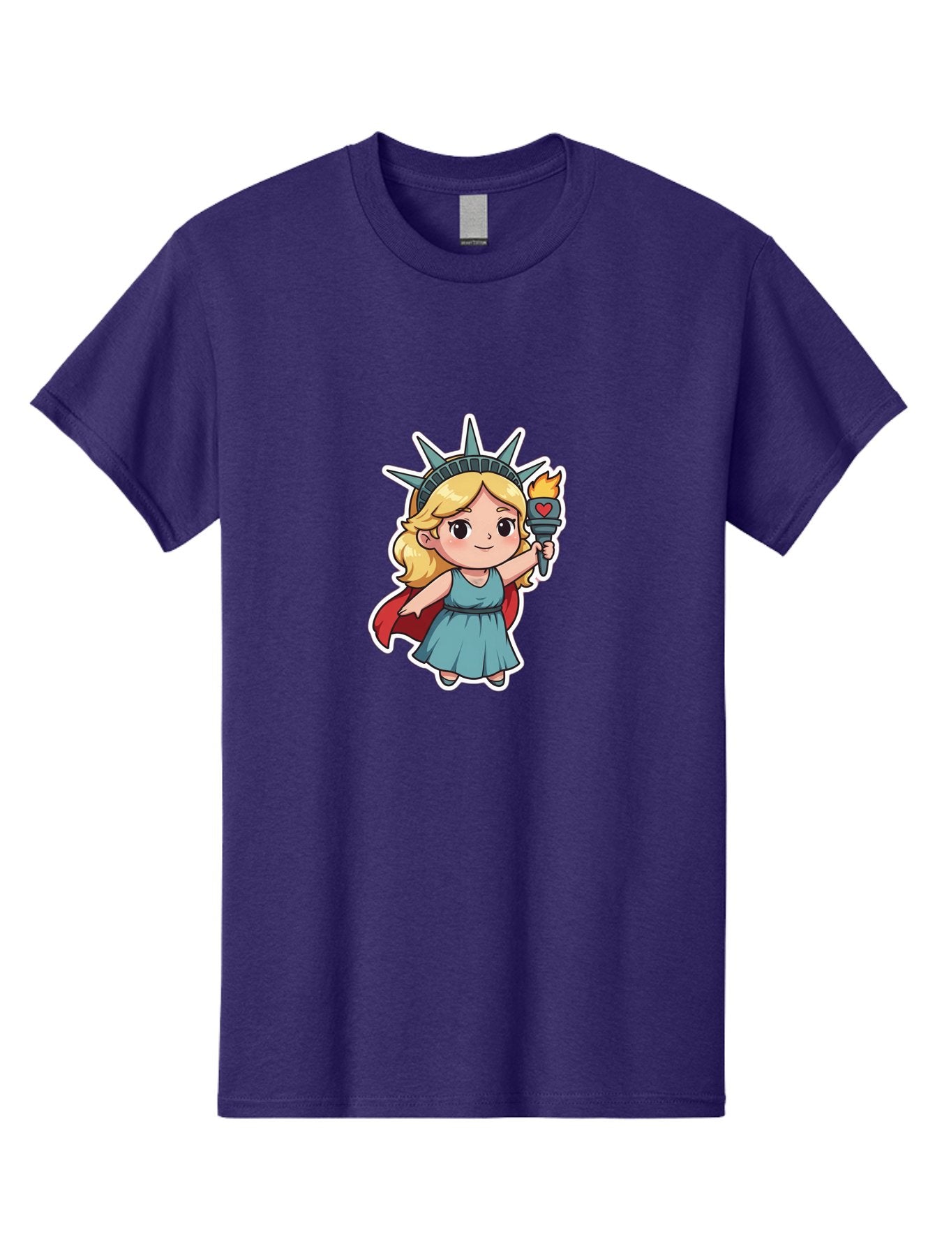 Statue-Of-Liberty-Girl Men'S Graphic Tee, 100% Cotton, Comfortable Casual Summer Wear, Machine Washable, Cute Cartoon Character, Girl Wearing Statue Of Liberty Crown, Holding Torch With Heart, Blue Dress, Red Cape, Blonde Hair, Kawaii Style, Bad711 4