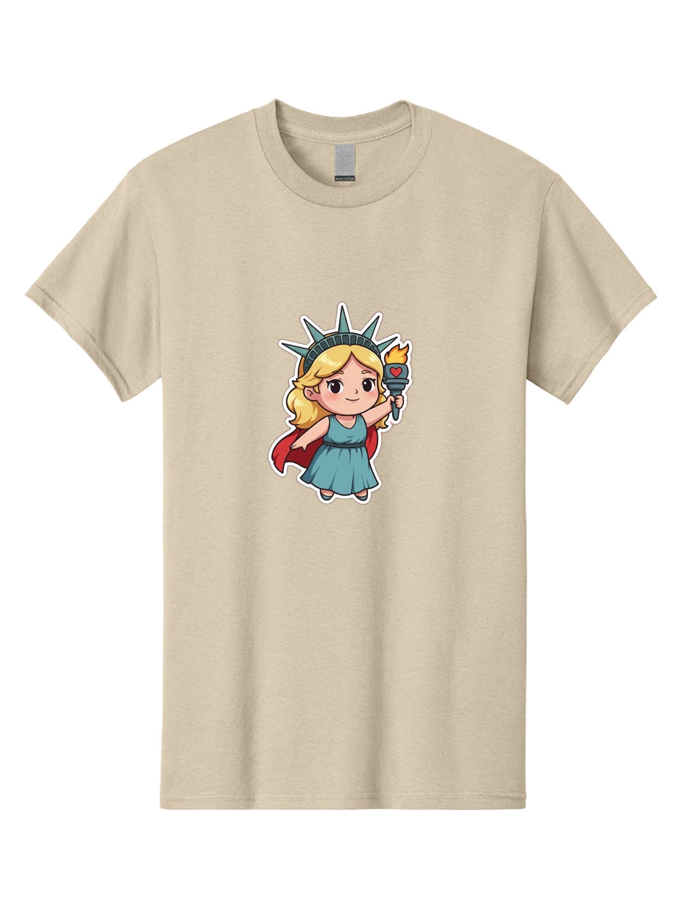 Statue-Of-Liberty-Girl Men'S Graphic Tee, 100% Cotton, Comfortable Casual Summer Wear, Machine Washable, Cute Cartoon Character, Girl Wearing Statue Of Liberty Crown, Holding Torch With Heart, Blue Dress, Red Cape, Blonde Hair, Kawaii Style, Bad711 5