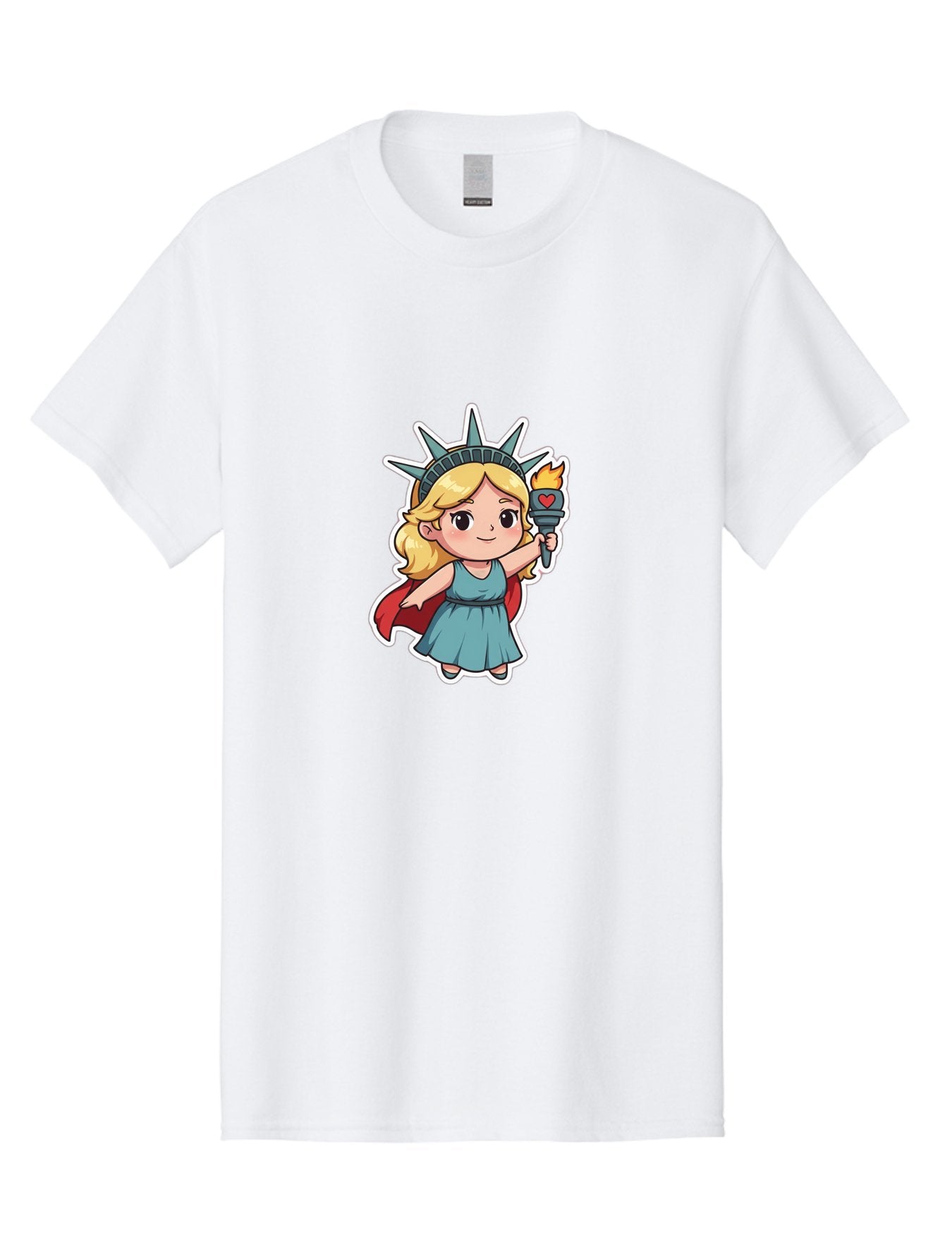 Statue-Of-Liberty-Girl Men'S Graphic Tee, 100% Cotton, Comfortable Casual Summer Wear, Machine Washable, Cute Cartoon Character, Girl Wearing Statue Of Liberty Crown, Holding Torch With Heart, Blue Dress, Red Cape, Blonde Hair, Kawaii Style, Bad711 11