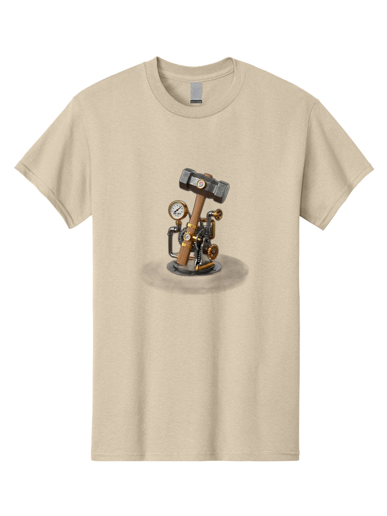 Steampunk-Device-With-Hammer Men'S Graphic Tee, 100% Cotton, Comfortable Casual Summer Wear, Machine Washable, Steampunk, Industrial Design, Mechanical Art, Clockwork Mechanism, Hammers, Pressure Gauge, Metallic Details, Vintage Machinery Bad713