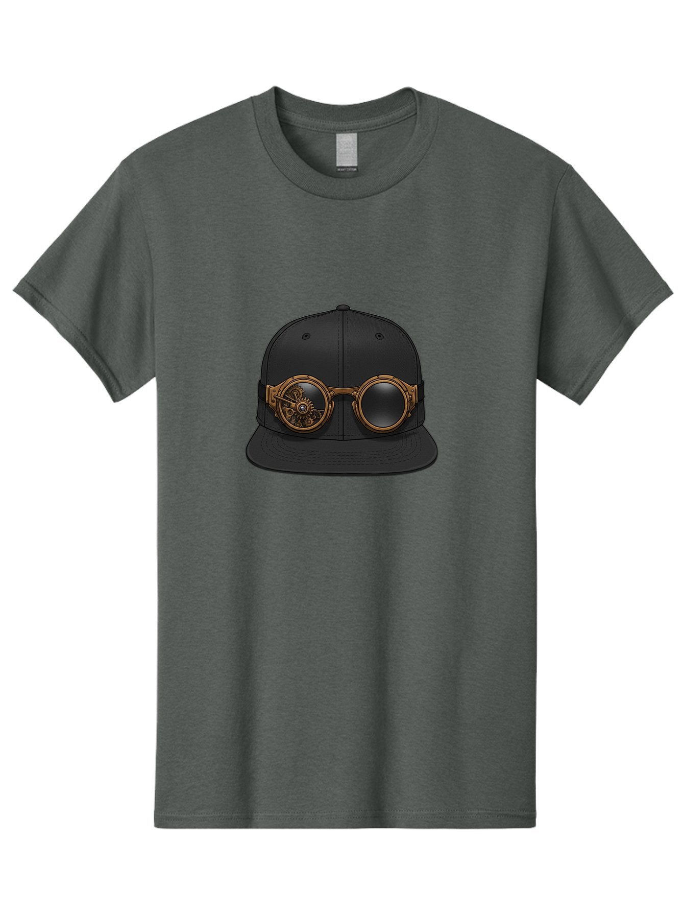 Steampunk-Goggles-Cap Men'S Graphic Tee, 100% Cotton, Comfortable Casual Summer Wear, Machine Washable, Steampunk Goggles On Cap, Steampunk Fashion, Goggles Accessory, Black Baseball Cap, Steampunk Style, Vintage Eyewear, Bad714 15