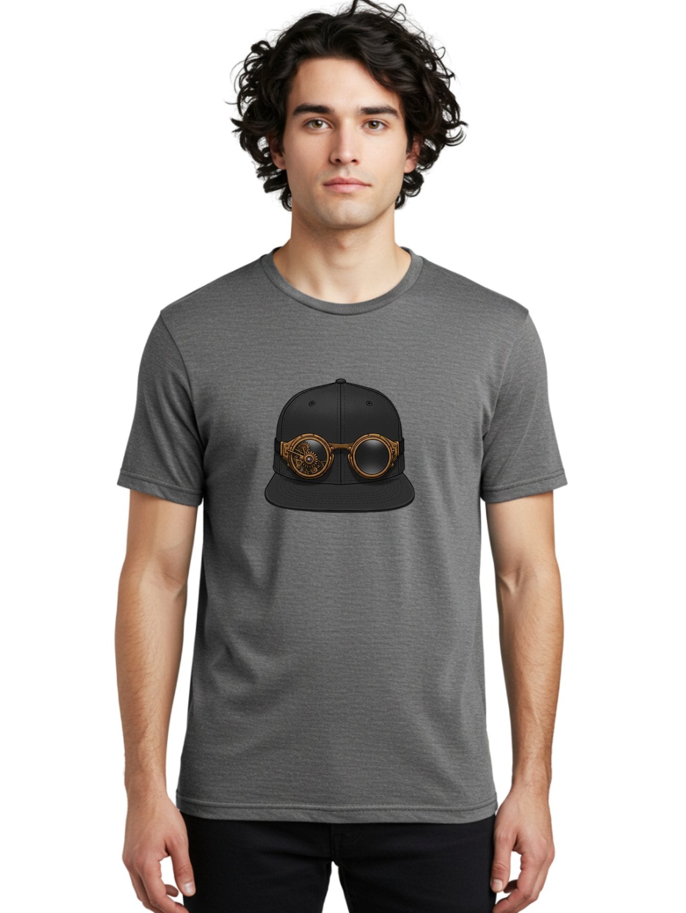 Steampunk-Goggles-Cap Men'S Graphic Tee, 100% Cotton, Comfortable Casual Summer Wear, Machine Washable, Steampunk Goggles On Cap, Steampunk Fashion, Goggles Accessory, Black Baseball Cap, Steampunk Style, Vintage Eyewear, Bad714 23