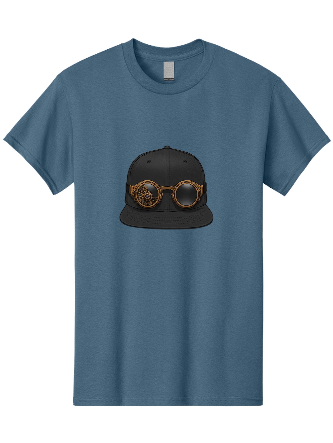 Steampunk-Goggles-Cap Men'S Graphic Tee, 100% Cotton, Comfortable Casual Summer Wear, Machine Washable, Steampunk Goggles On Cap, Steampunk Fashion, Goggles Accessory, Black Baseball Cap, Steampunk Style, Vintage Eyewear, Bad714