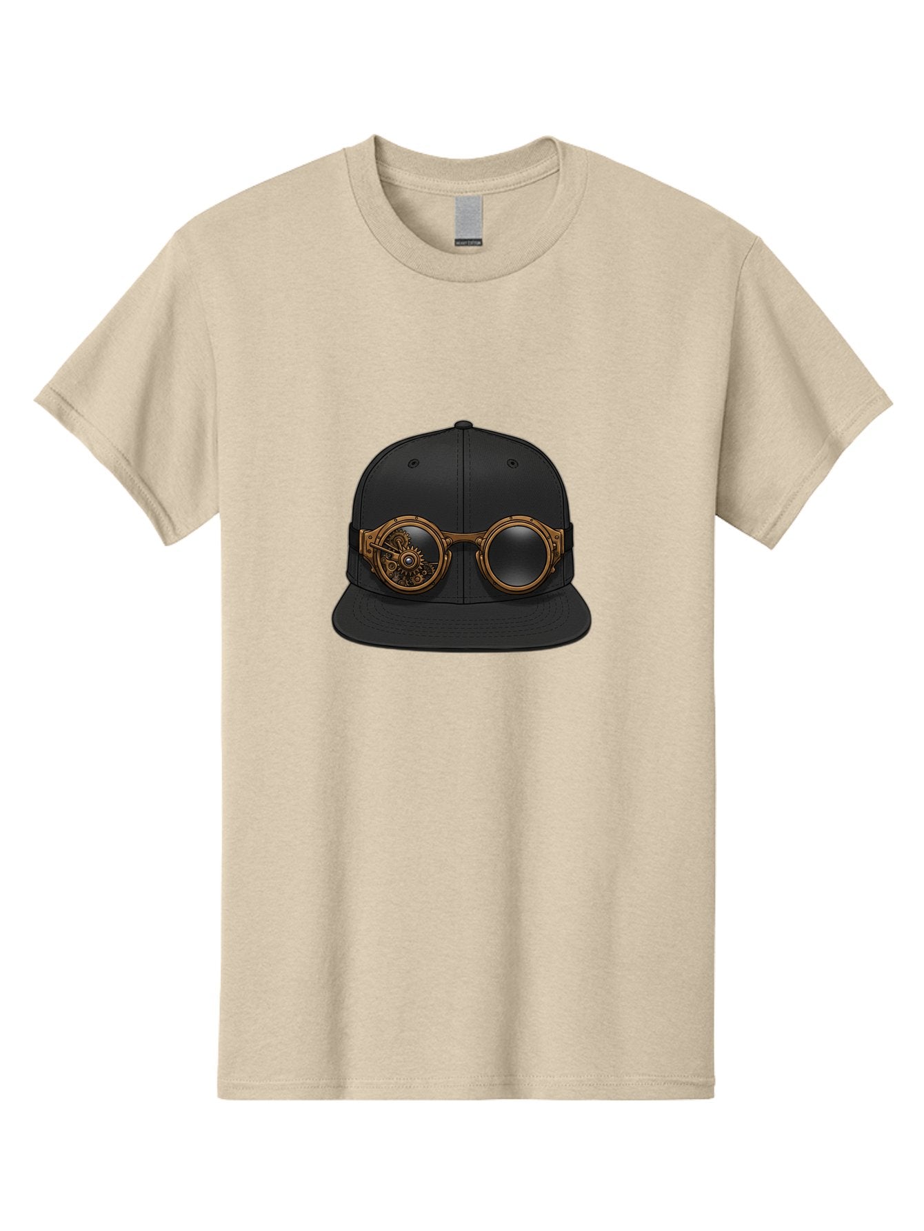 Steampunk-Goggles-Cap Men'S Graphic Tee, 100% Cotton, Comfortable Casual Summer Wear, Machine Washable, Steampunk Goggles On Cap, Steampunk Fashion, Goggles Accessory, Black Baseball Cap, Steampunk Style, Vintage Eyewear, Bad714 4