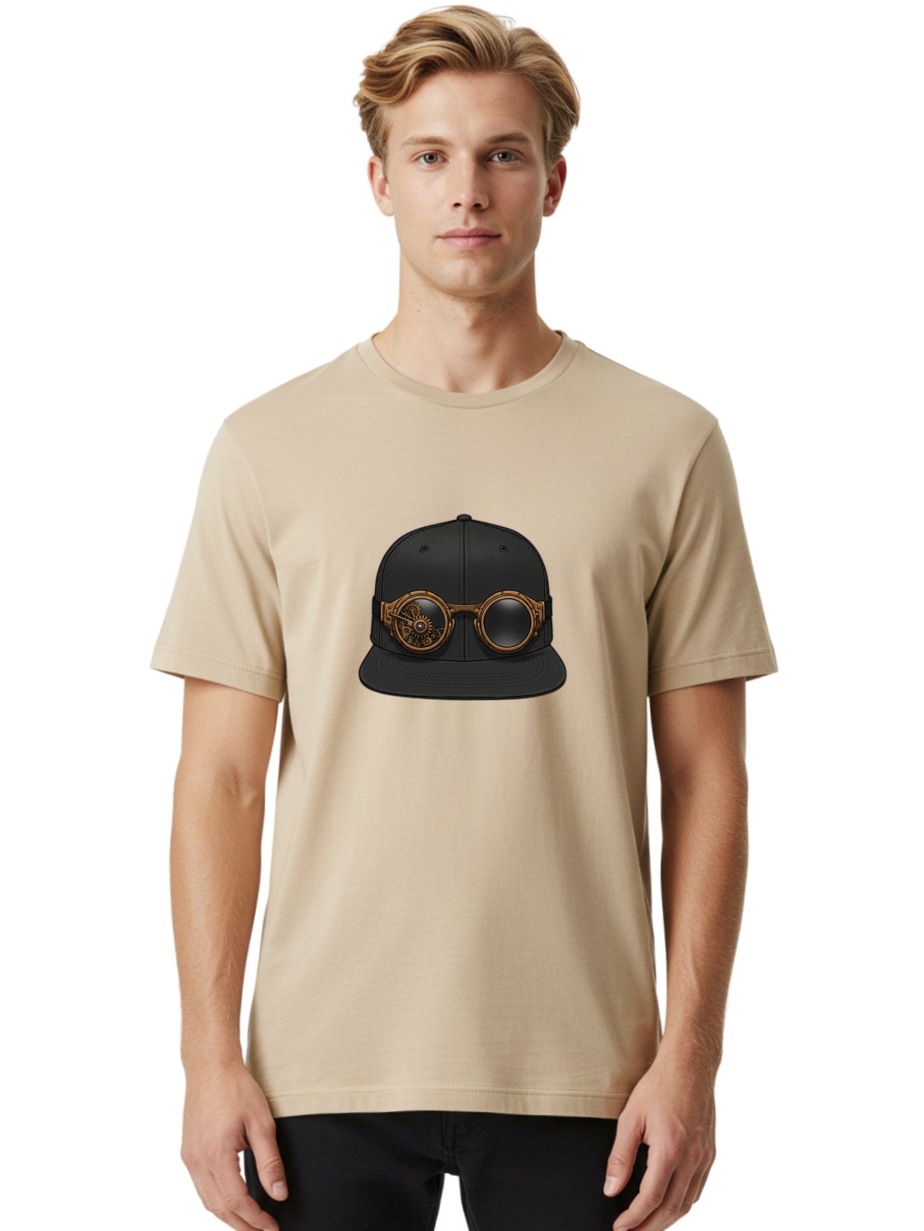 Steampunk-Goggles-Cap Men'S Graphic Tee, 100% Cotton, Comfortable Casual Summer Wear, Machine Washable, Steampunk Goggles On Cap, Steampunk Fashion, Goggles Accessory, Black Baseball Cap, Steampunk Style, Vintage Eyewear, Bad714 18