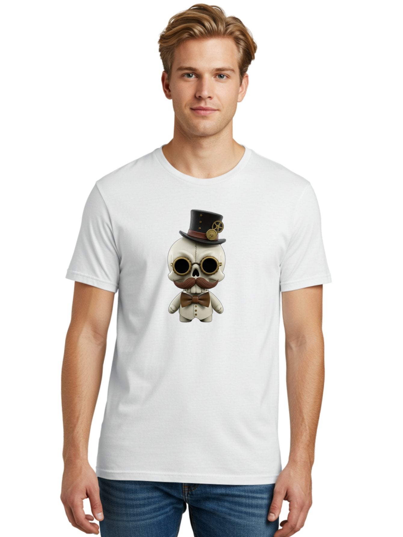 Steampunk-Skeleton Men'S Graphic Tee, 100% Cotton, Comfortable Casual Summer Wear, Machine Washable, Steampunk Skull, Skeleton Character, Vintage Goggles, Top Hat, Bow Tie, Mechanical Gear, Steampunk Style, Gothic Fashion, Unique Accessory, Bad719 30