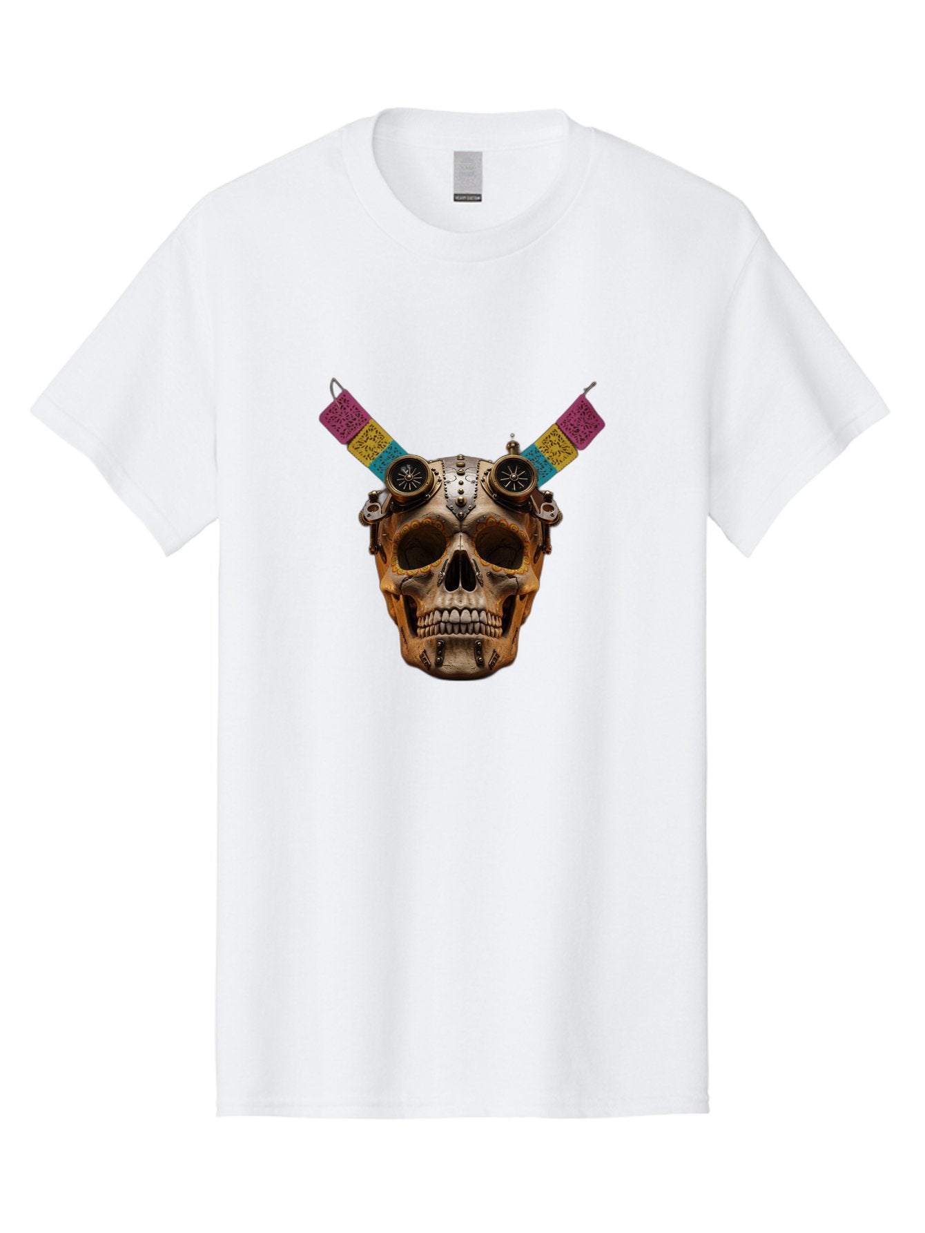 Steampunk-Skull Men'S Graphic Tee, 100% Cotton, Comfortable Casual Summer Wear, Machine Washable, Steampunk Artwork, Skull With Goggles, Mechanical Components, Colorful Banners, Day Of The Dead, Steampunk Fashion, Alternative Art, Bad720