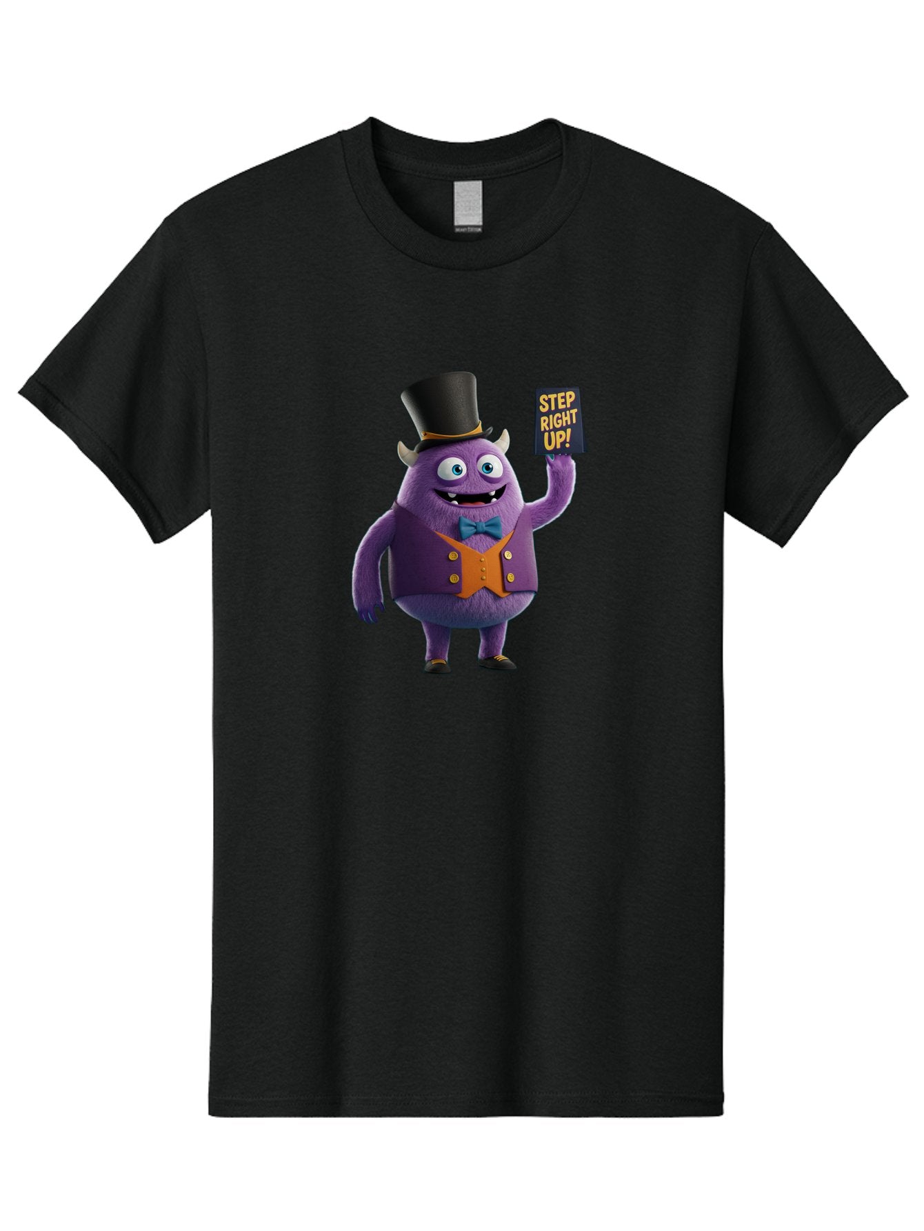 Step-Right-Up-2 Men'S Graphic Tee, 100% Cotton, Comfortable Casual Summer Wear, Machine Washable, Cartoon Monster, Purple Creature, Top Hat, Orange Waistcoat, Blue Bow Tie, Playful Character, Eye-Catching Graphics, Vibrant Colors, Bad722