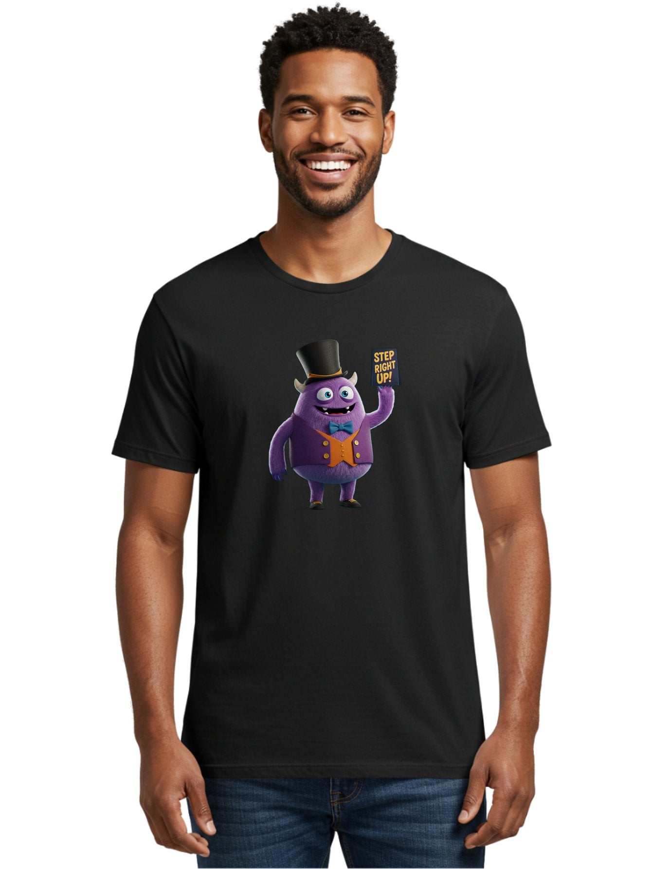Step-Right-Up-2 Men'S Graphic Tee, 100% Cotton, Comfortable Casual Summer Wear, Machine Washable, Cartoon Monster, Purple Creature, Top Hat, Orange Waistcoat, Blue Bow Tie, Playful Character, Eye-Catching Graphics, Vibrant Colors, Bad722 19