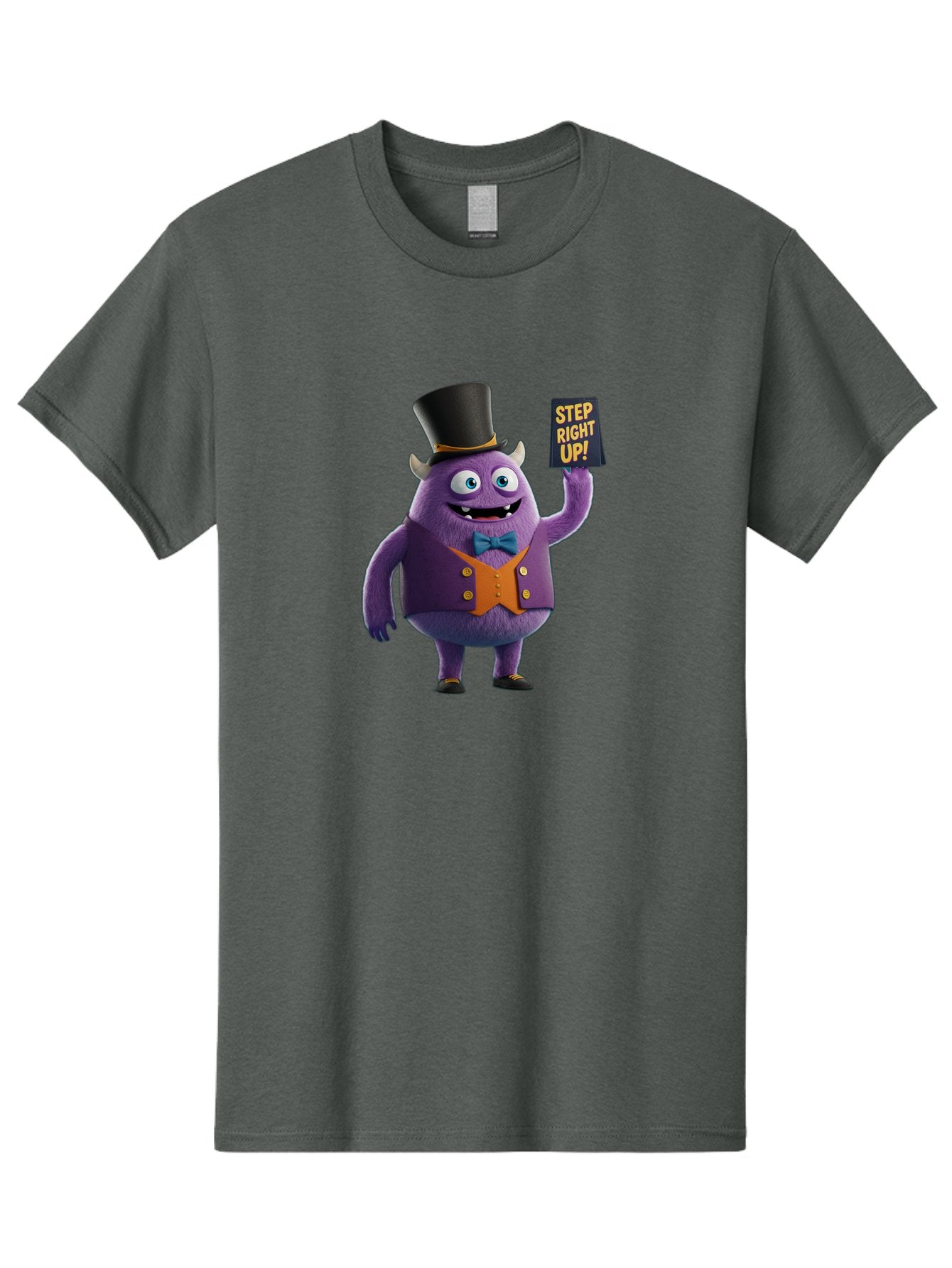 Step-Right-Up-2 Men'S Graphic Tee, 100% Cotton, Comfortable Casual Summer Wear, Machine Washable, Cartoon Monster, Purple Creature, Top Hat, Orange Waistcoat, Blue Bow Tie, Playful Character, Eye-Catching Graphics, Vibrant Colors, Bad722 5