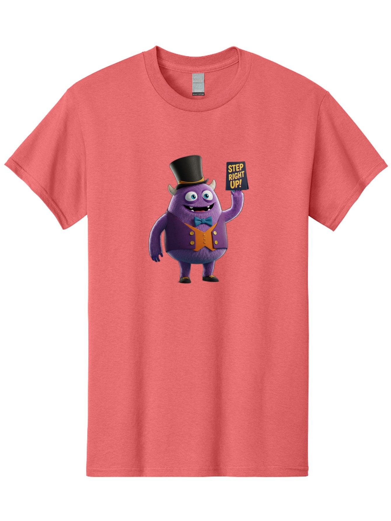 Step-Right-Up-2 Men'S Graphic Tee, 100% Cotton, Comfortable Casual Summer Wear, Machine Washable, Cartoon Monster, Purple Creature, Top Hat, Orange Waistcoat, Blue Bow Tie, Playful Character, Eye-Catching Graphics, Vibrant Colors, Bad722 4