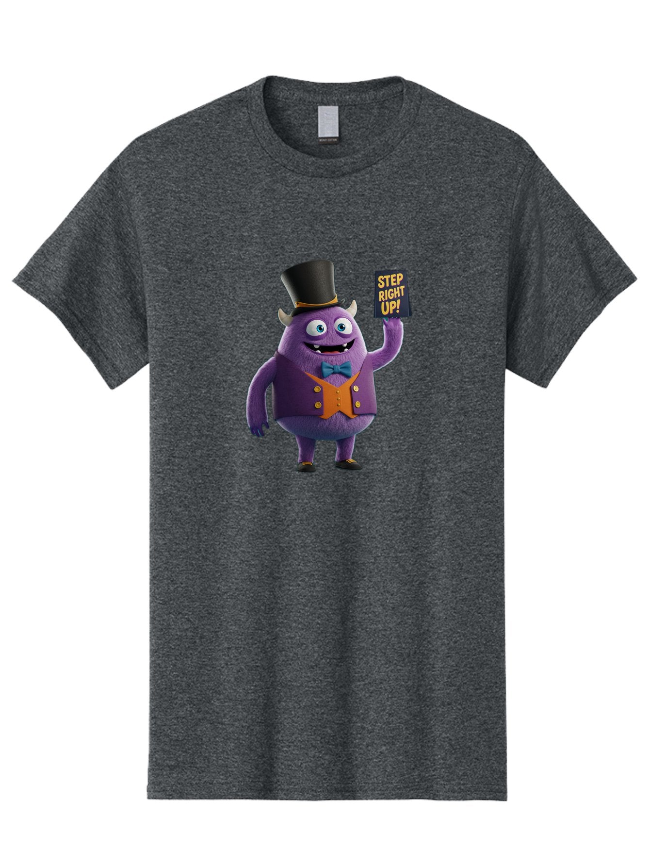 Step-Right-Up-2 Men'S Graphic Tee, 100% Cotton, Comfortable Casual Summer Wear, Machine Washable, Cartoon Monster, Purple Creature, Top Hat, Orange Waistcoat, Blue Bow Tie, Playful Character, Eye-Catching Graphics, Vibrant Colors, Bad722 10