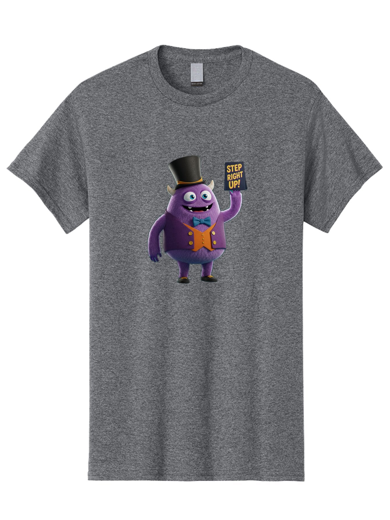 Step-Right-Up-2 Men'S Graphic Tee, 100% Cotton, Comfortable Casual Summer Wear, Machine Washable, Cartoon Monster, Purple Creature, Top Hat, Orange Waistcoat, Blue Bow Tie, Playful Character, Eye-Catching Graphics, Vibrant Colors, Bad722
