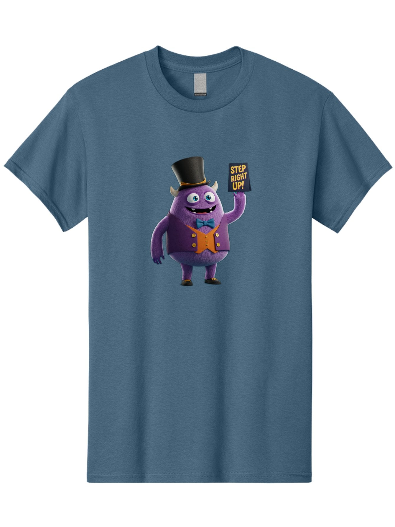 Step-Right-Up-2 Men'S Graphic Tee, 100% Cotton, Comfortable Casual Summer Wear, Machine Washable, Cartoon Monster, Purple Creature, Top Hat, Orange Waistcoat, Blue Bow Tie, Playful Character, Eye-Catching Graphics, Vibrant Colors, Bad722 6