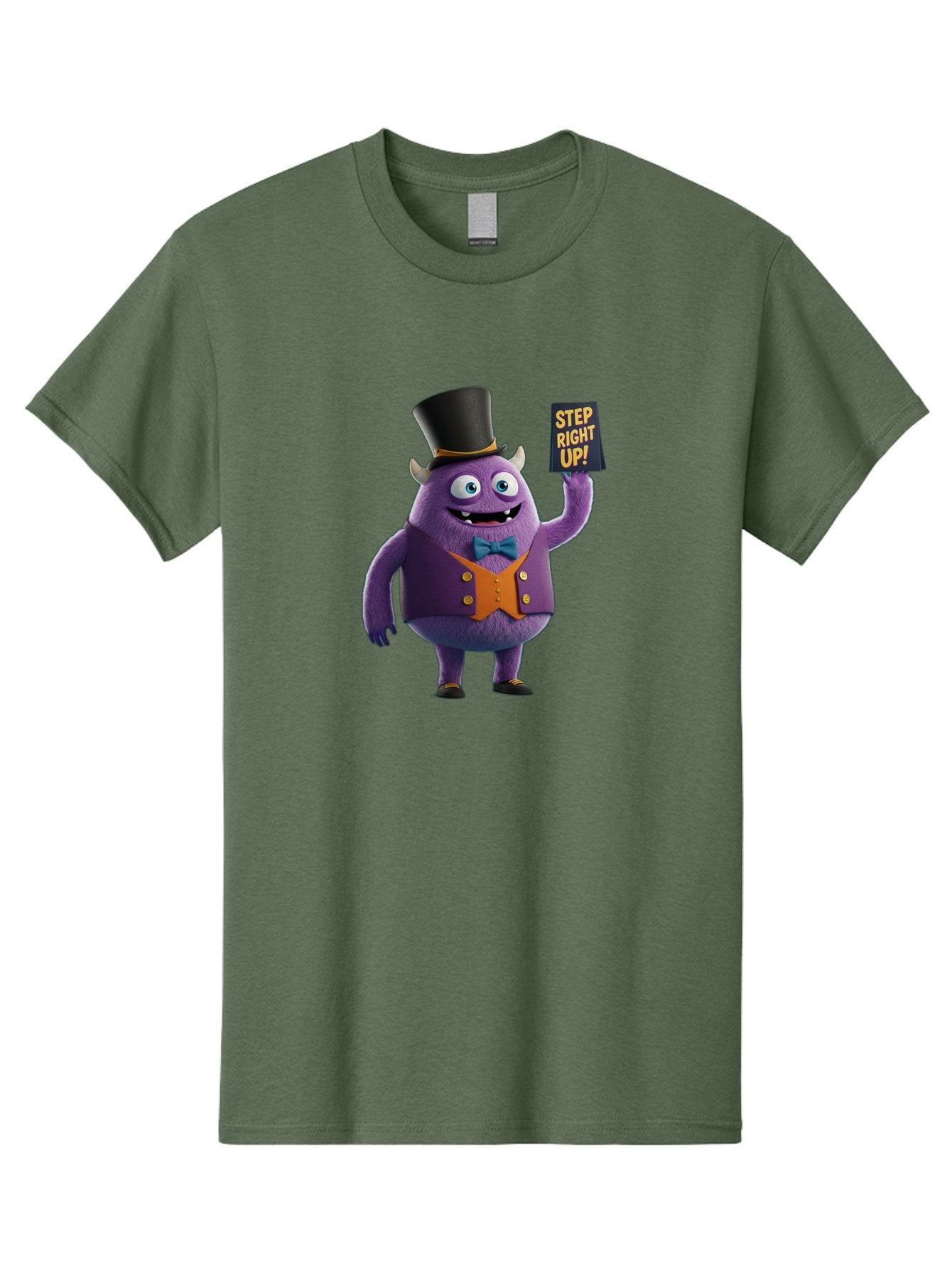 Step-Right-Up-2 Men'S Graphic Tee, 100% Cotton, Comfortable Casual Summer Wear, Machine Washable, Cartoon Monster, Purple Creature, Top Hat, Orange Waistcoat, Blue Bow Tie, Playful Character, Eye-Catching Graphics, Vibrant Colors, Bad722 13