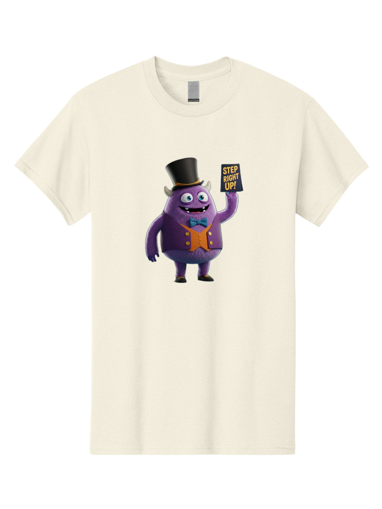 Step-Right-Up-2 Men'S Graphic Tee, 100% Cotton, Comfortable Casual Summer Wear, Machine Washable, Cartoon Monster, Purple Creature, Top Hat, Orange Waistcoat, Blue Bow Tie, Playful Character, Eye-Catching Graphics, Vibrant Colors, Bad722 14