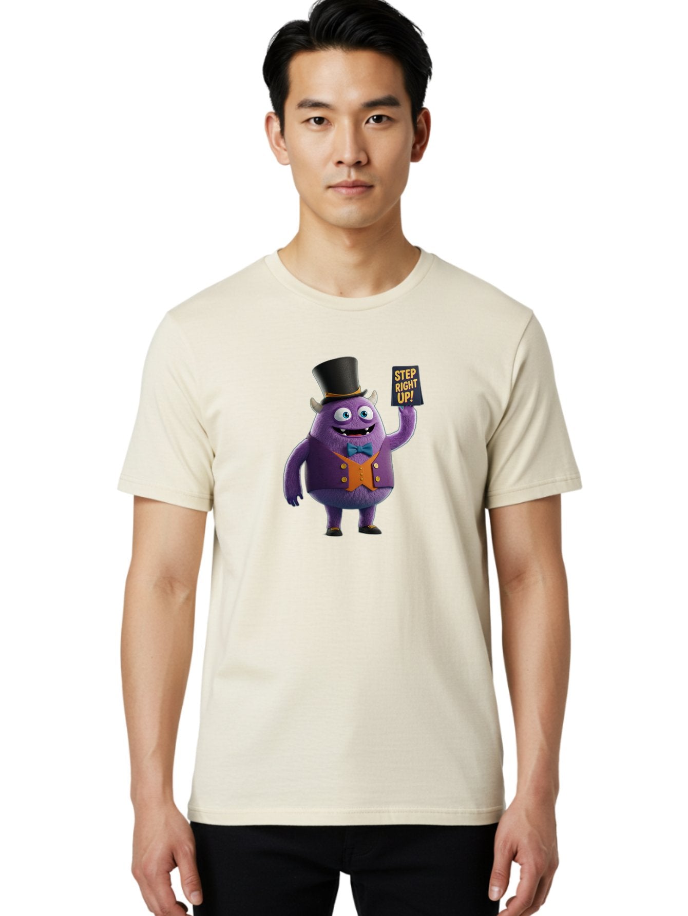 Step-Right-Up-2 Men'S Graphic Tee, 100% Cotton, Comfortable Casual Summer Wear, Machine Washable, Cartoon Monster, Purple Creature, Top Hat, Orange Waistcoat, Blue Bow Tie, Playful Character, Eye-Catching Graphics, Vibrant Colors, Bad722 29