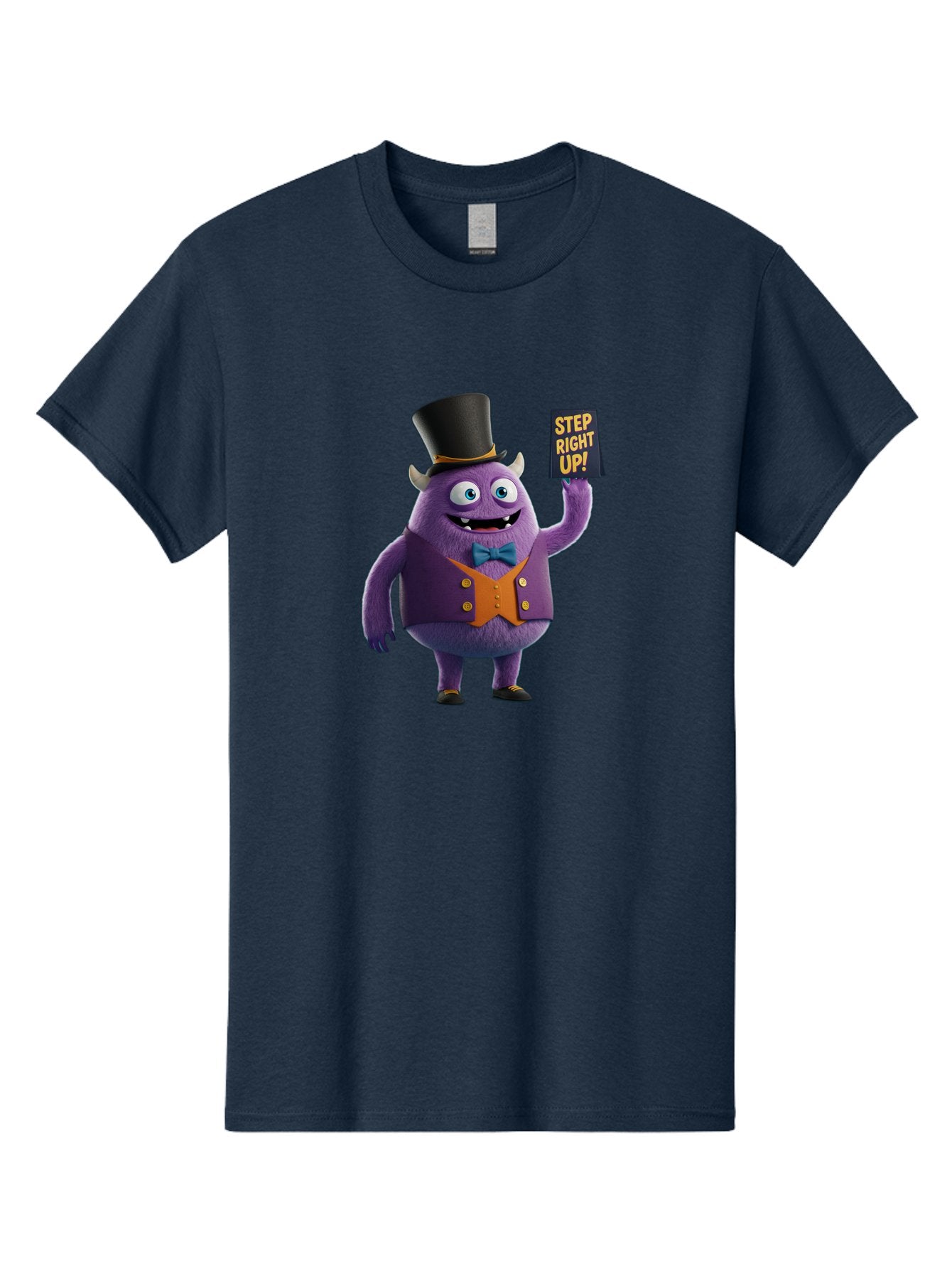 Step-Right-Up-2 Men'S Graphic Tee, 100% Cotton, Comfortable Casual Summer Wear, Machine Washable, Cartoon Monster, Purple Creature, Top Hat, Orange Waistcoat, Blue Bow Tie, Playful Character, Eye-Catching Graphics, Vibrant Colors, Bad722 12