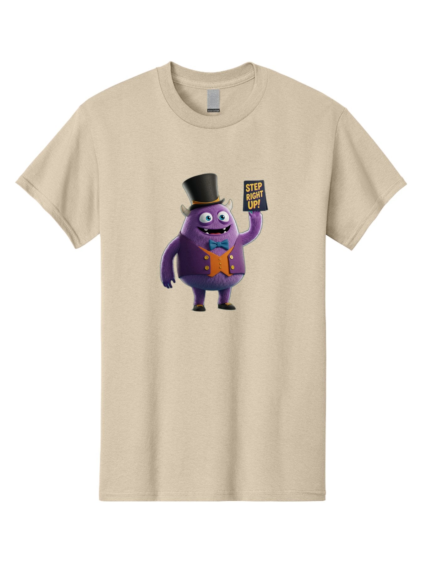 Step-Right-Up-2 Men'S Graphic Tee, 100% Cotton, Comfortable Casual Summer Wear, Machine Washable, Cartoon Monster, Purple Creature, Top Hat, Orange Waistcoat, Blue Bow Tie, Playful Character, Eye-Catching Graphics, Vibrant Colors, Bad722 9