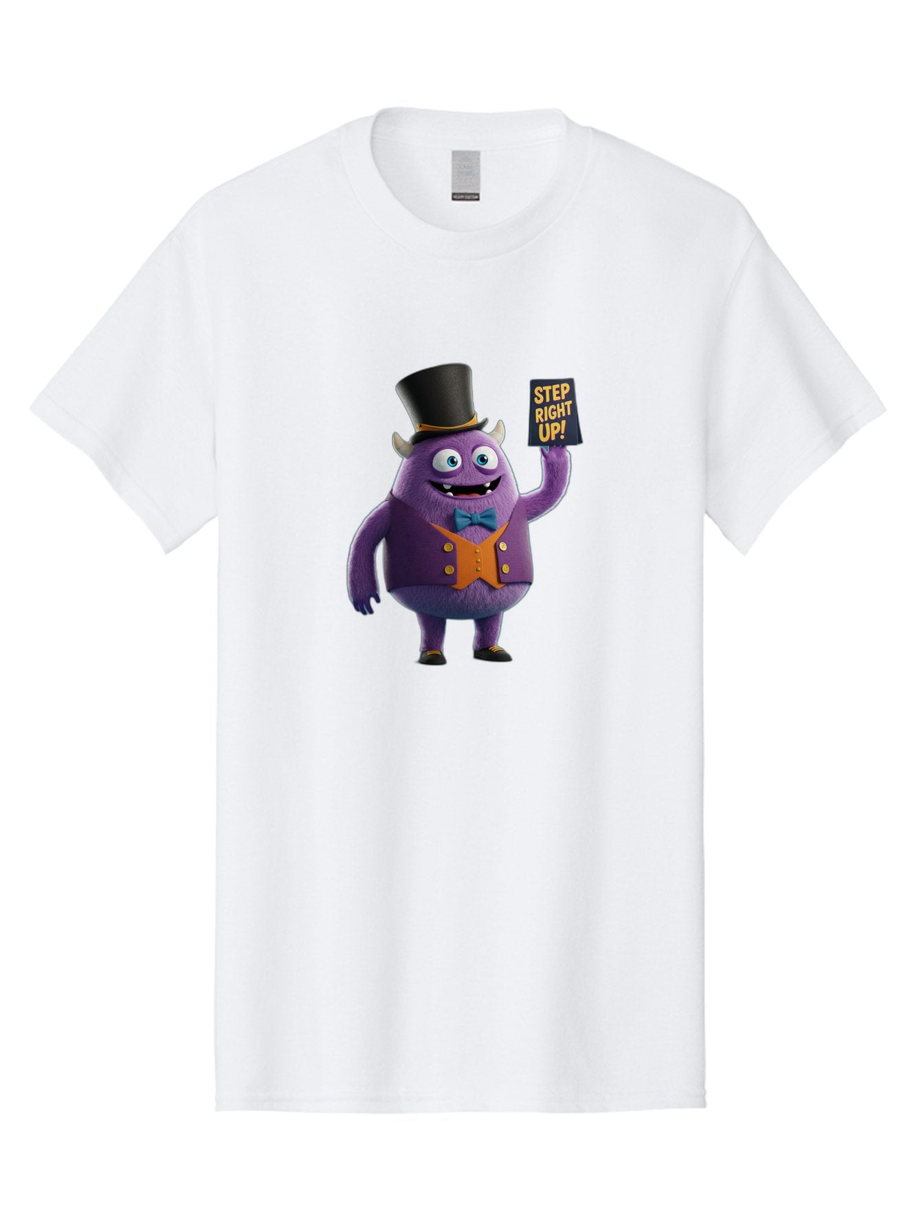 Step-Right-Up-2 Men'S Graphic Tee, 100% Cotton, Comfortable Casual Summer Wear, Machine Washable, Cartoon Monster, Purple Creature, Top Hat, Orange Waistcoat, Blue Bow Tie, Playful Character, Eye-Catching Graphics, Vibrant Colors, Bad722 8
