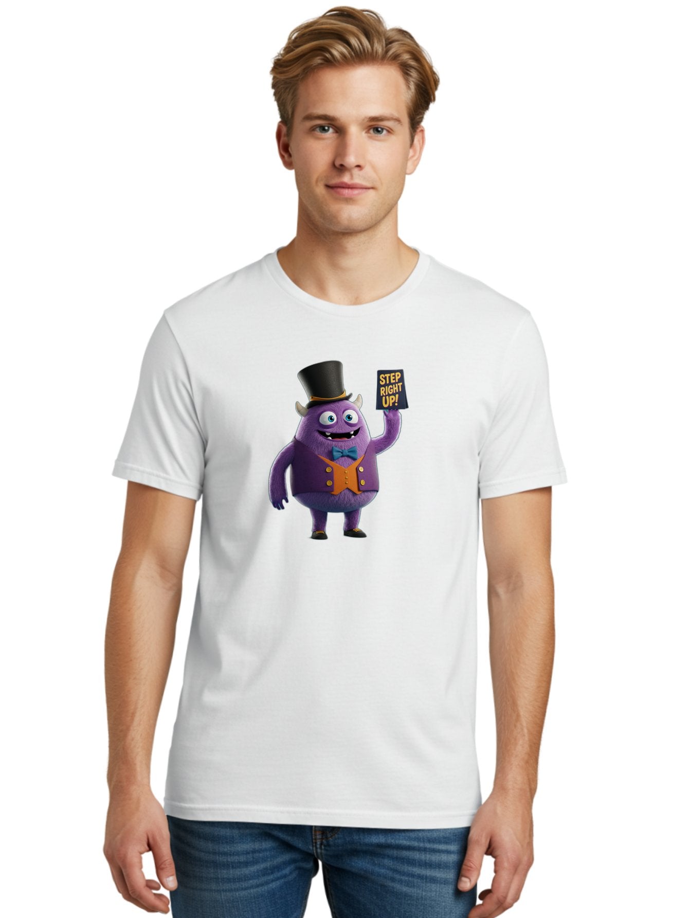Step-Right-Up-2 Men'S Graphic Tee, 100% Cotton, Comfortable Casual Summer Wear, Machine Washable, Cartoon Monster, Purple Creature, Top Hat, Orange Waistcoat, Blue Bow Tie, Playful Character, Eye-Catching Graphics, Vibrant Colors, Bad722 25