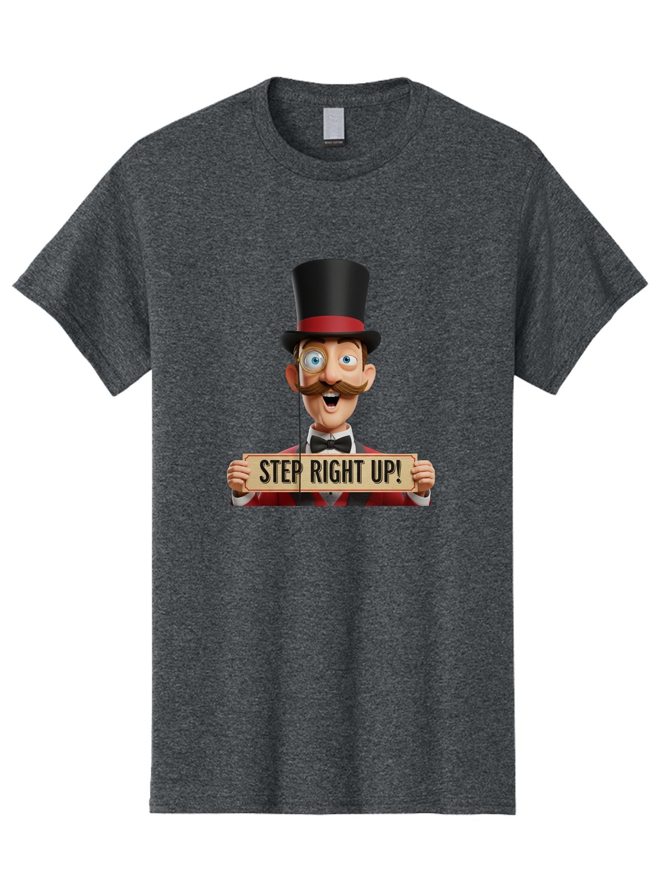 Step-Right-Up-3 Men'S Graphic Tee, 100% Cotton, Comfortable Casual Summer Wear, Machine Washable, Cartoon Ringmaster, Top Hat, Red Jacket, Green Vest, Vintage Style, Step Right Up Banner, Carnival Barker, Circus Theme, Victorian Era Fashion, Bad723 3
